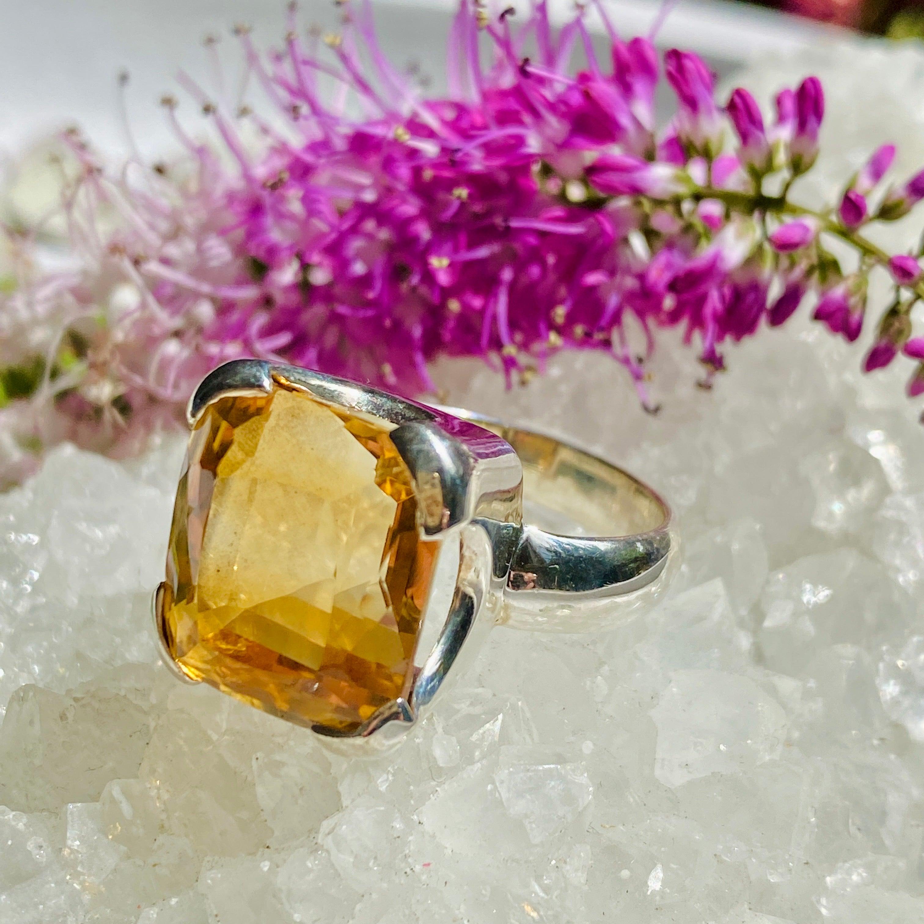 Natural Citrine Gemstone Rectangular Faceted Ring - Size 8, KRGJ2150 - Elegant Jewelry for Women, Perfect for Weddings, Parties & Everyday Wear