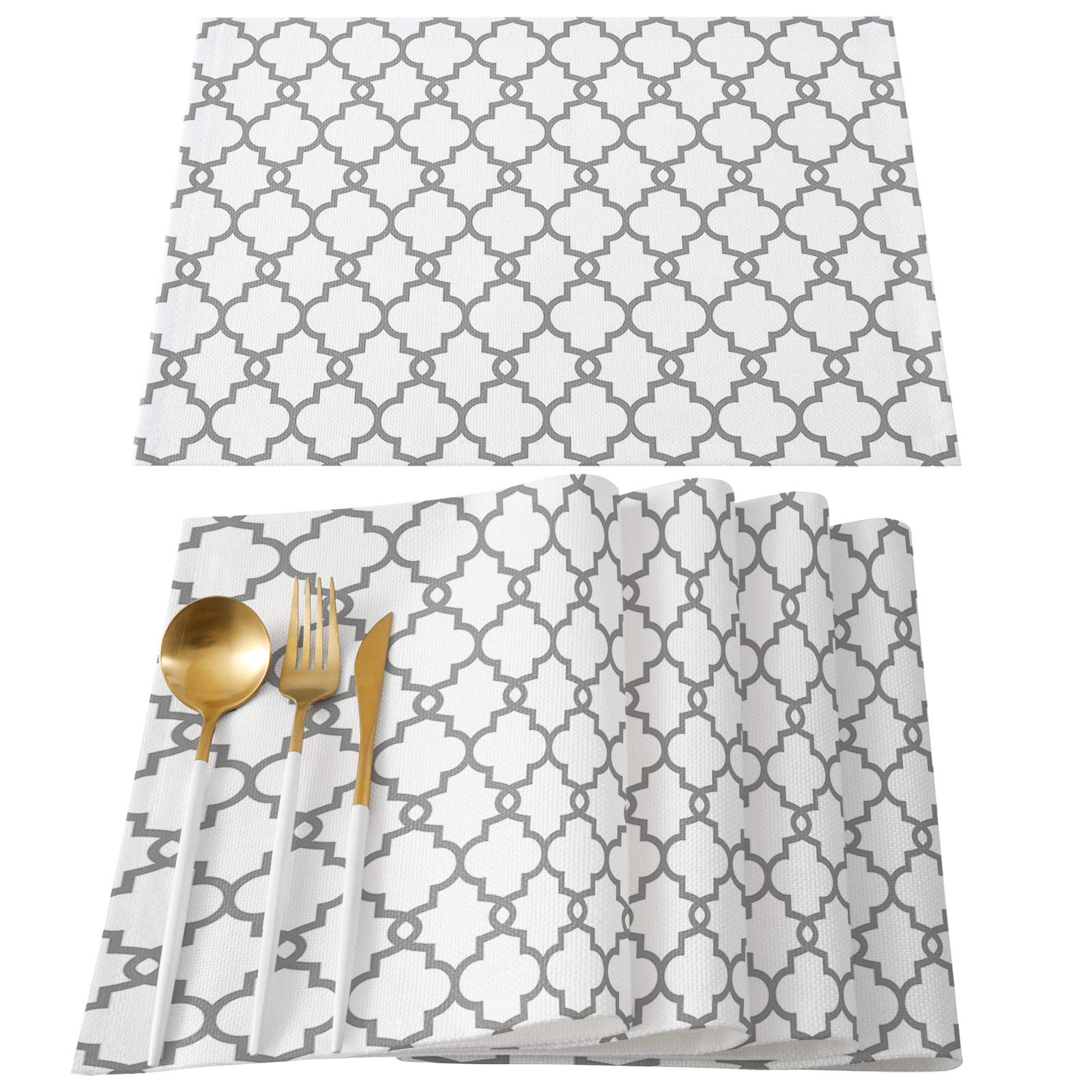 4-Pack Heat-Resistant Moroccan Linen Placemats for Dining Table - 12x18 Inch Traditional Quatrefoil Lattice Pattern in Grey & White - Perfect for Home Decor, Dinner Parties & Holiday Tablescapes
