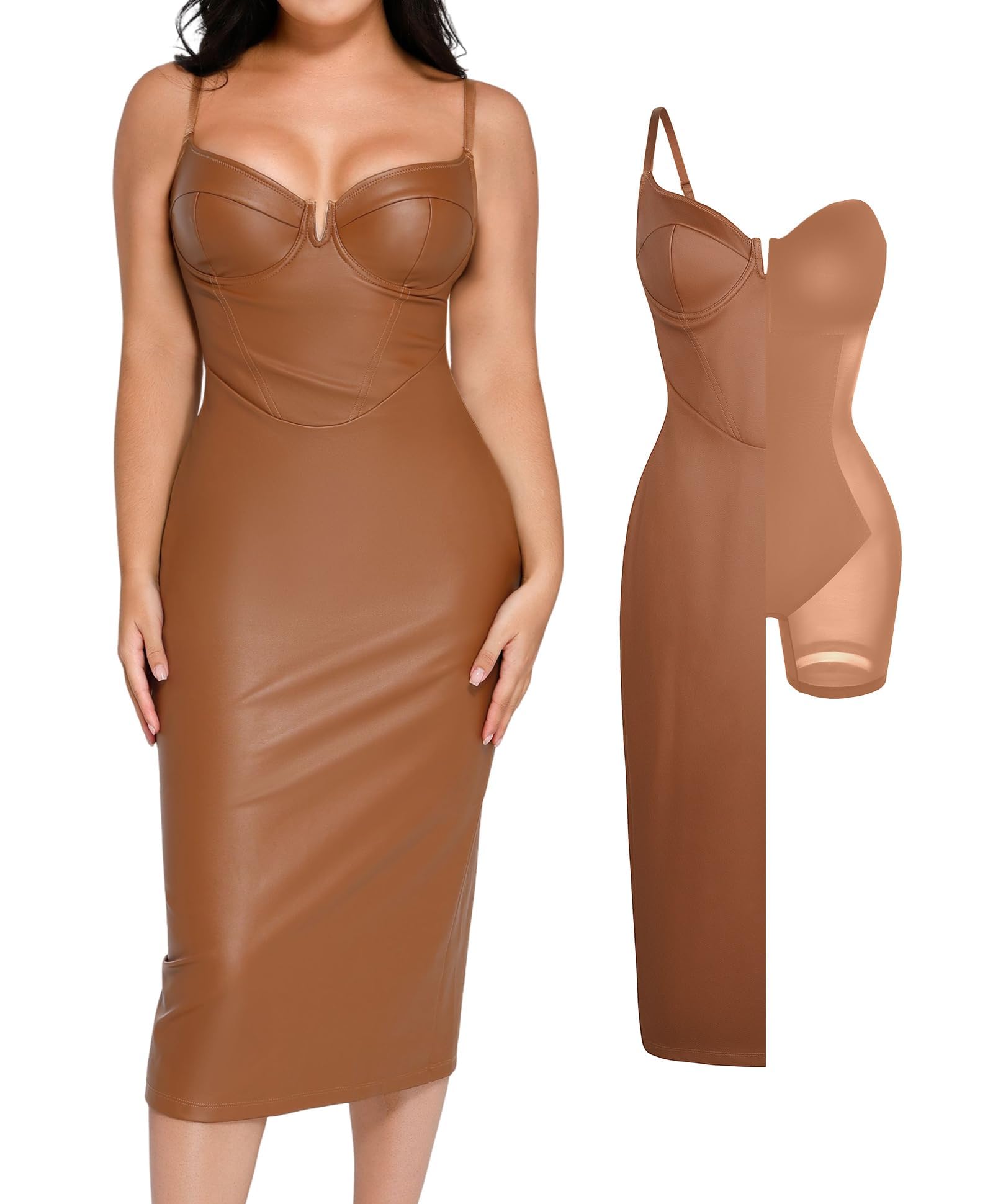 Popilush Corset Shapewear Dress for Women - Faux Leather Club Midi Dress with V Neck | Slimming Bodycon Dress for Night Out, Party & Special Occasions