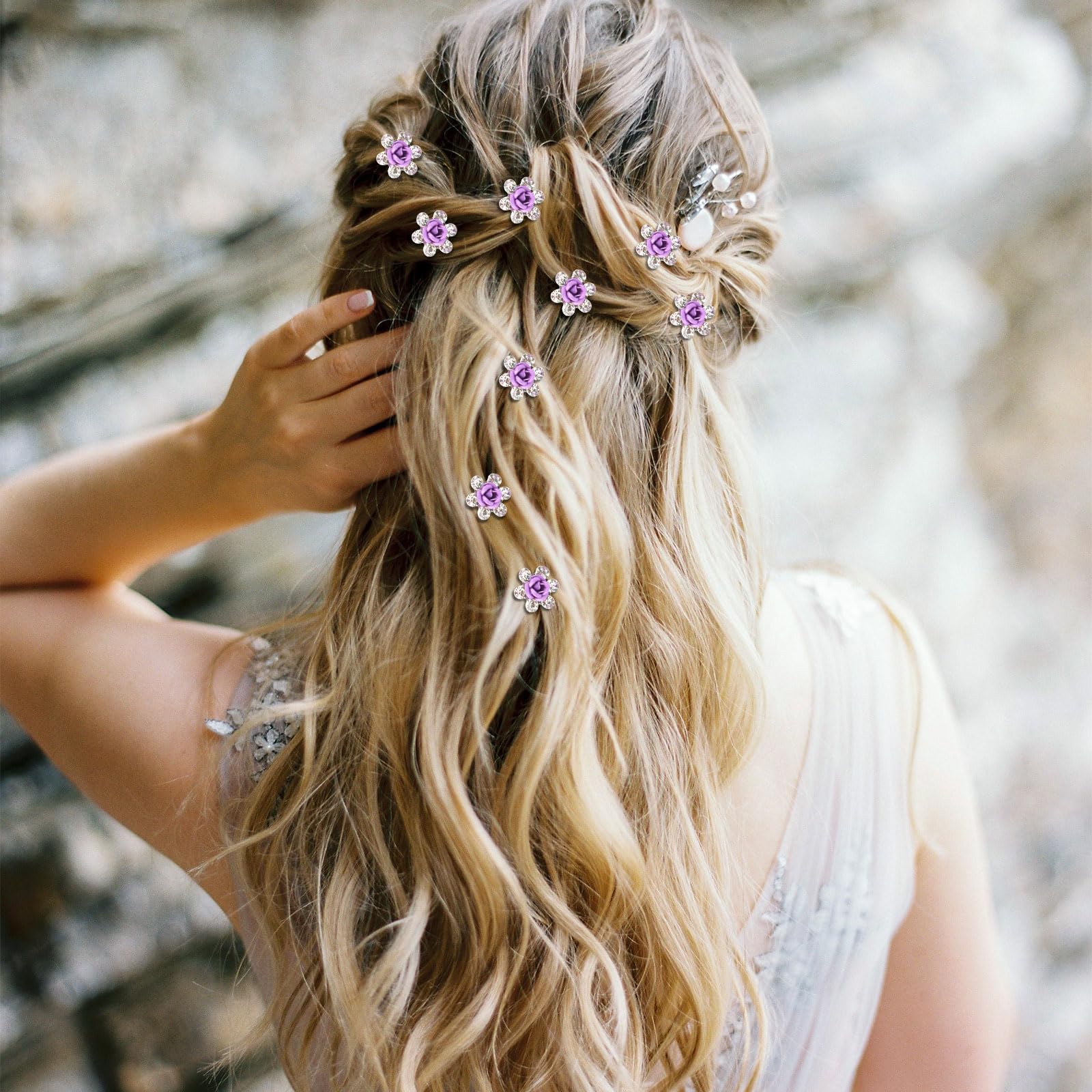 YISSION 20Pcs Mini Purple Flower Hair Clips with Rhinestones - Cute Decorative Hair Pins for Women & Girls - Wedding & Bridal Hair Accessories - Perfect for Parties, Prom, Daily Styling