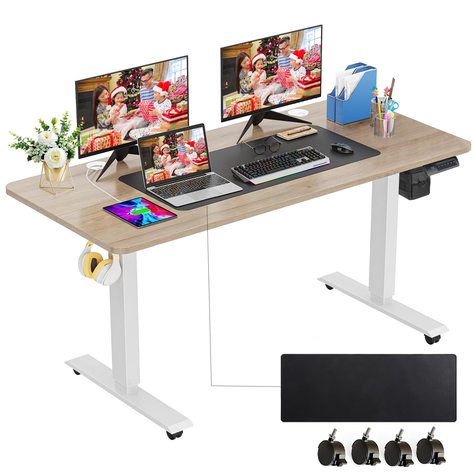 Farexon Electric Standing Desk 55 x 24 Inch - Adjustable Height Computer Desk with Large Mouse Pad, Rolling Wheels & Foot Rest (27''-46'' Range) - Oak Gray Home Office Desk for Work & Study