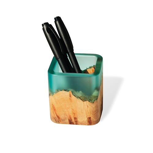 Premium Epoxy Wooden Pen Holder for Office & Home - Luxury Resin & Wood Pen Stand for Desk Organization (Aqua Blue) - Perfect for Office Desks, Home Study & Gift Giving