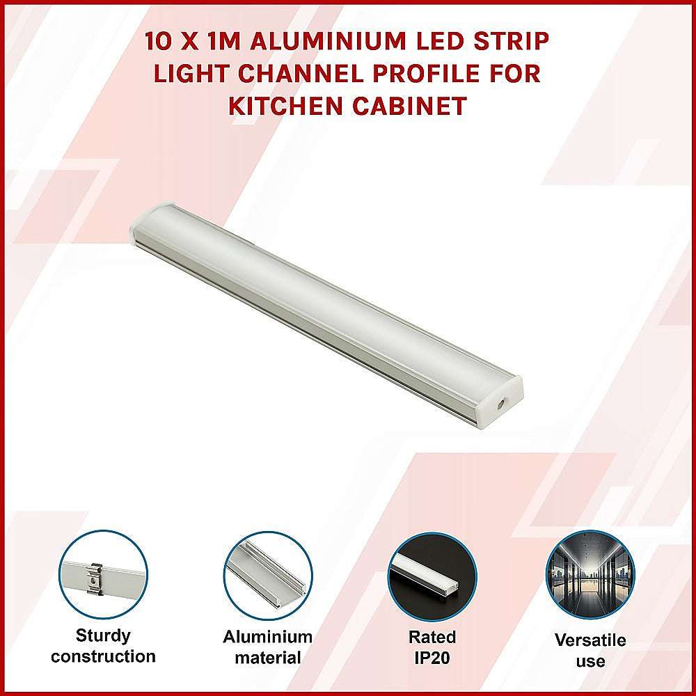 10 Pack 1M Aluminum LED Strip Light Channel Profile for Kitchen Cabinet Lighting - Perfect for Under Cabinet, Shelf, and Staircase Accent Lighting