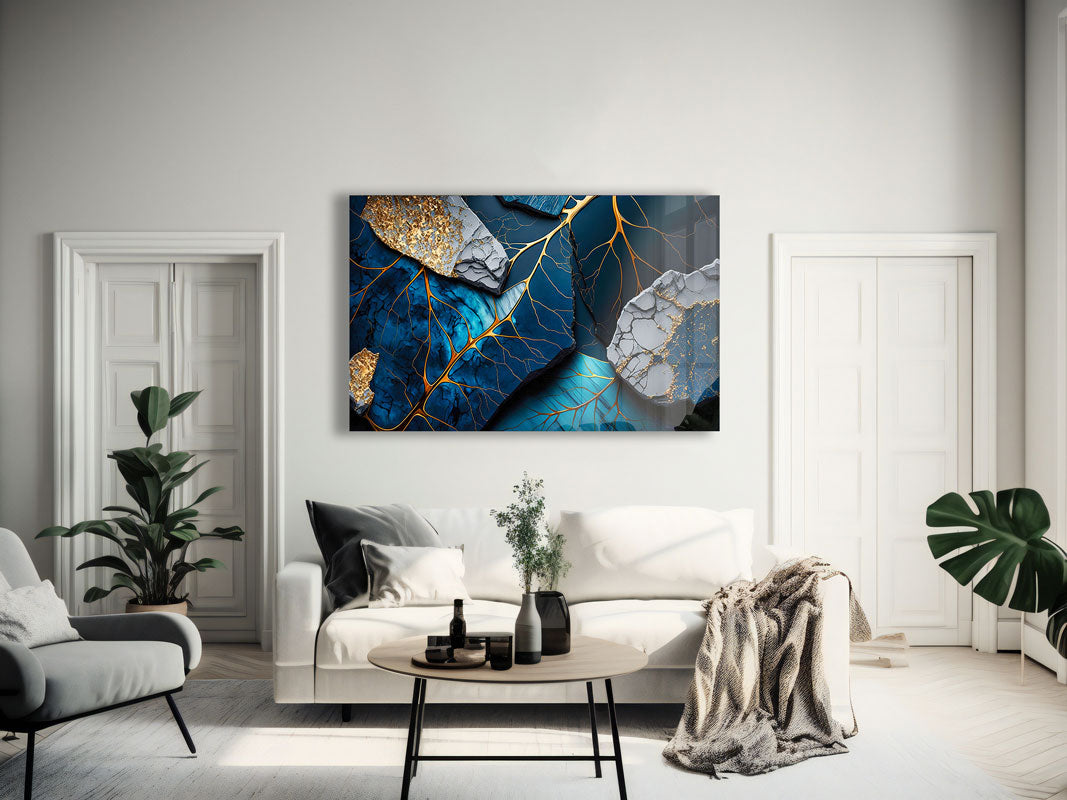 Golden Veined Blue Abstract II Wall Art - Modern Canvas Painting for Living Room, Bedroom & Office Decor