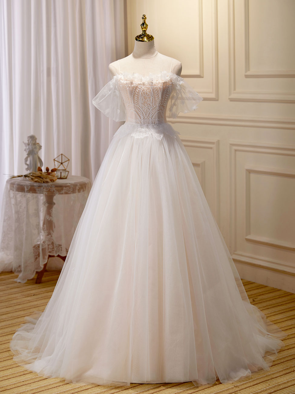 Elegant A-Line Champagne Long Prom Dress with Lace Detailing - Formal Evening Gown for Homecoming, Wedding, and Special Occasions