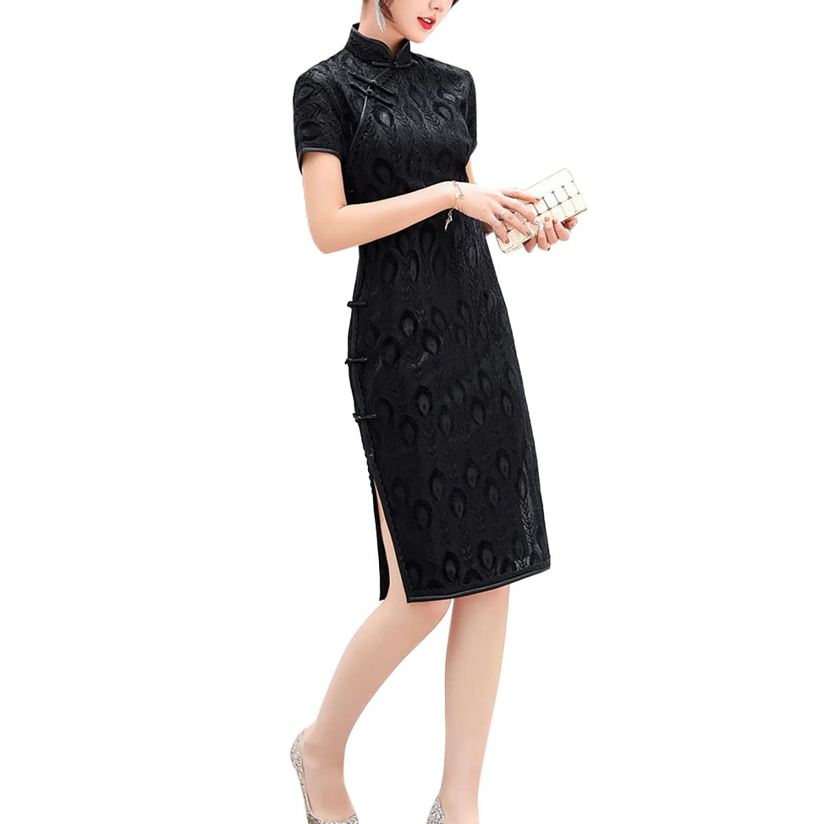 Elegant Floral Lace Cheongsam Qipao Dress for Women - Short Sleeve Mandarin Collar Midi Sheath Dress - Perfect for Weddings, Parties & Special Occasions