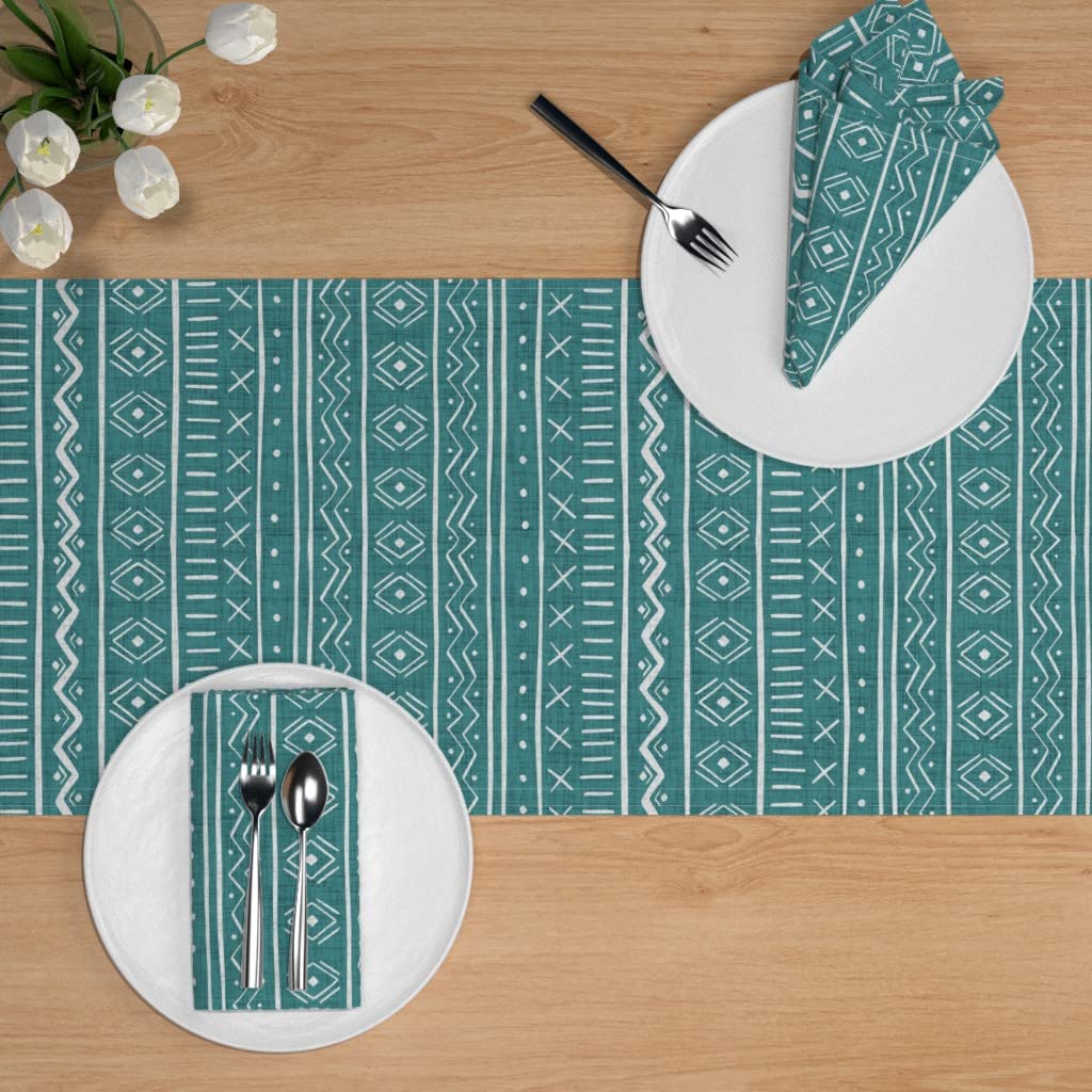 Custom Mudcloth Light Teal Modern Abstract Tribal Print Cotton Sateen Table Runner 72