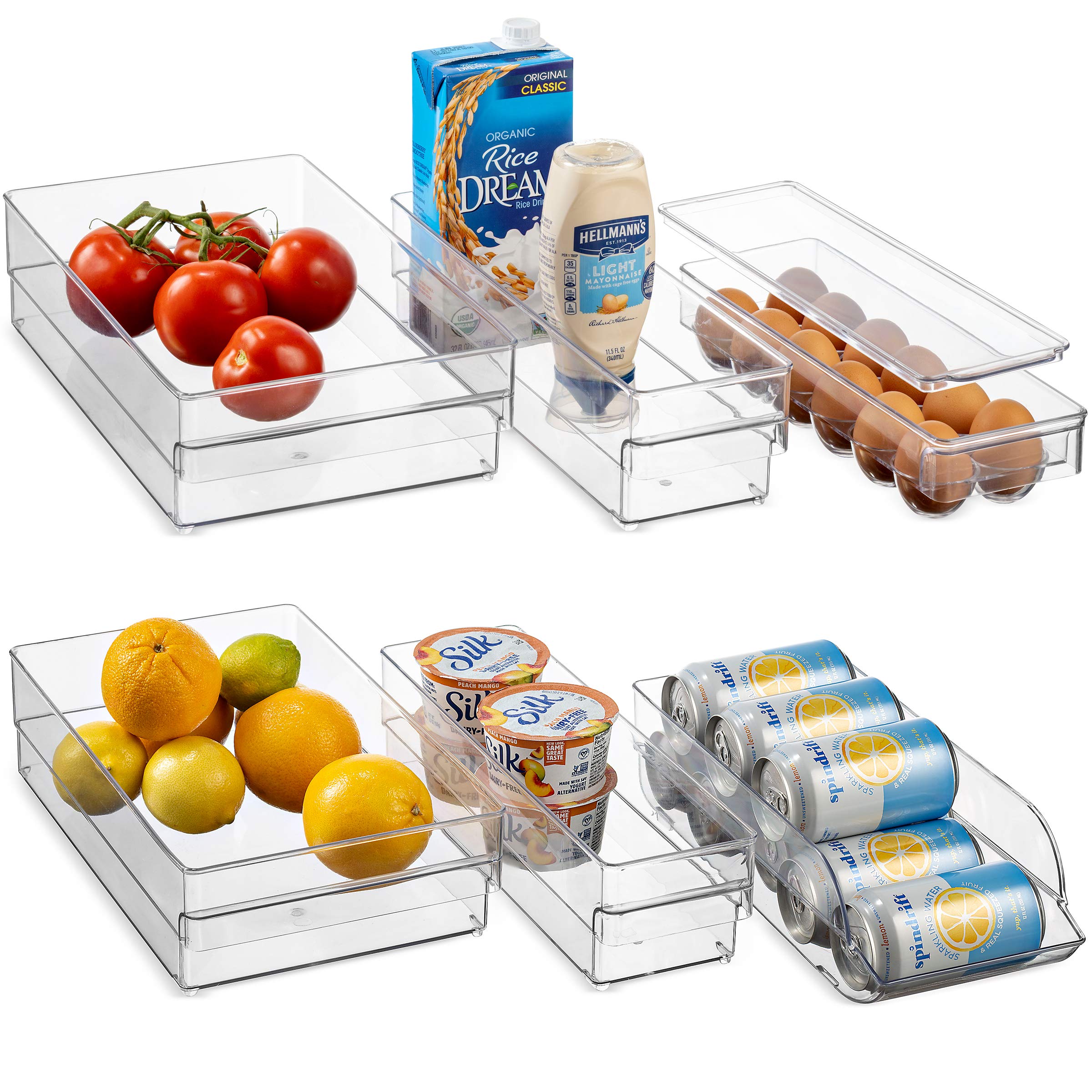 Heavy Duty Refrigerator Organizer Bins Set of 6 - Clear Plastic Freezer & Fridge Storage Containers with Can Rack & Egg Holder - Kitchen Cabinet & Countertop Organization for Fruits, Vegetables, Beverages & Meal Prep