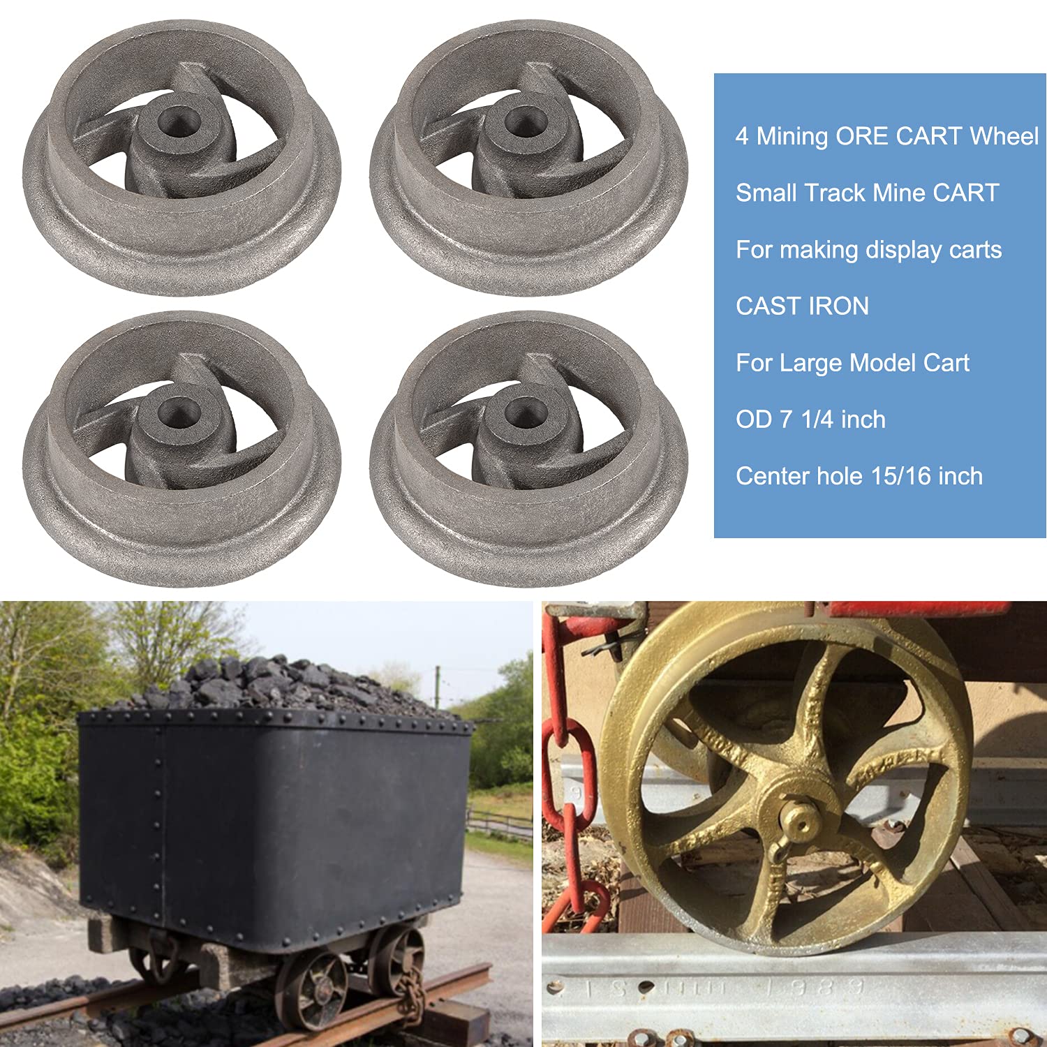4-Piece Cast Iron Mining Ore Cart Wheel Set for Large Model Mine Cars - 7 1/4 Inch Small Track Wheels - Perfect for Model Railroads, Mining Displays & Historical Dioramas