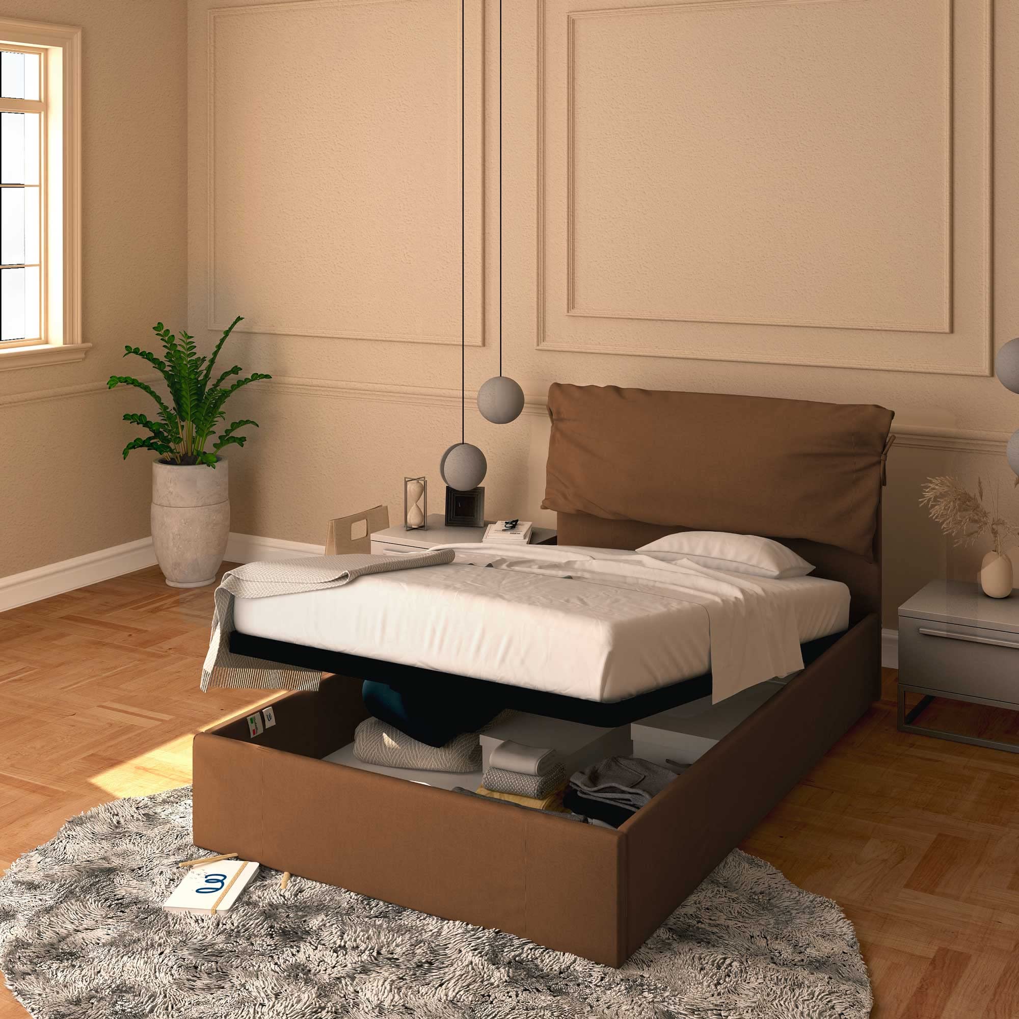 Baldiflex Single Bed with Storage - Licia Soft Synthetic Leather, Slatted Base for Single Mattress, 120 x 200 cm, Padded Headboard, Brown - Perfect for Small Bedrooms, Guest Rooms & Studio Apartments