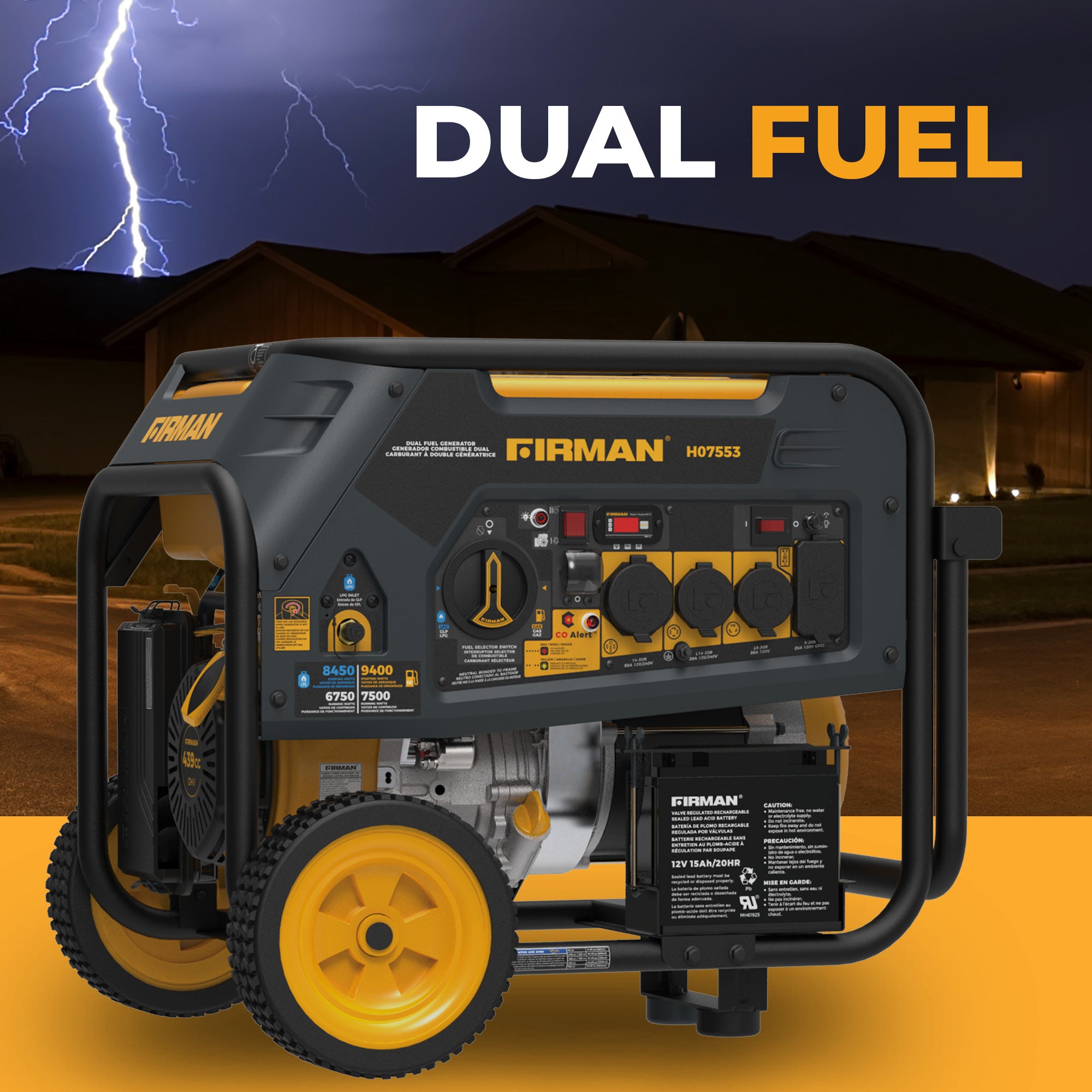 9400W Dual Fuel Portable Generator with Electric Start & CO Alert - 120/240V for Camping, Home Backup & Outdoor Power (Gas/Propane)