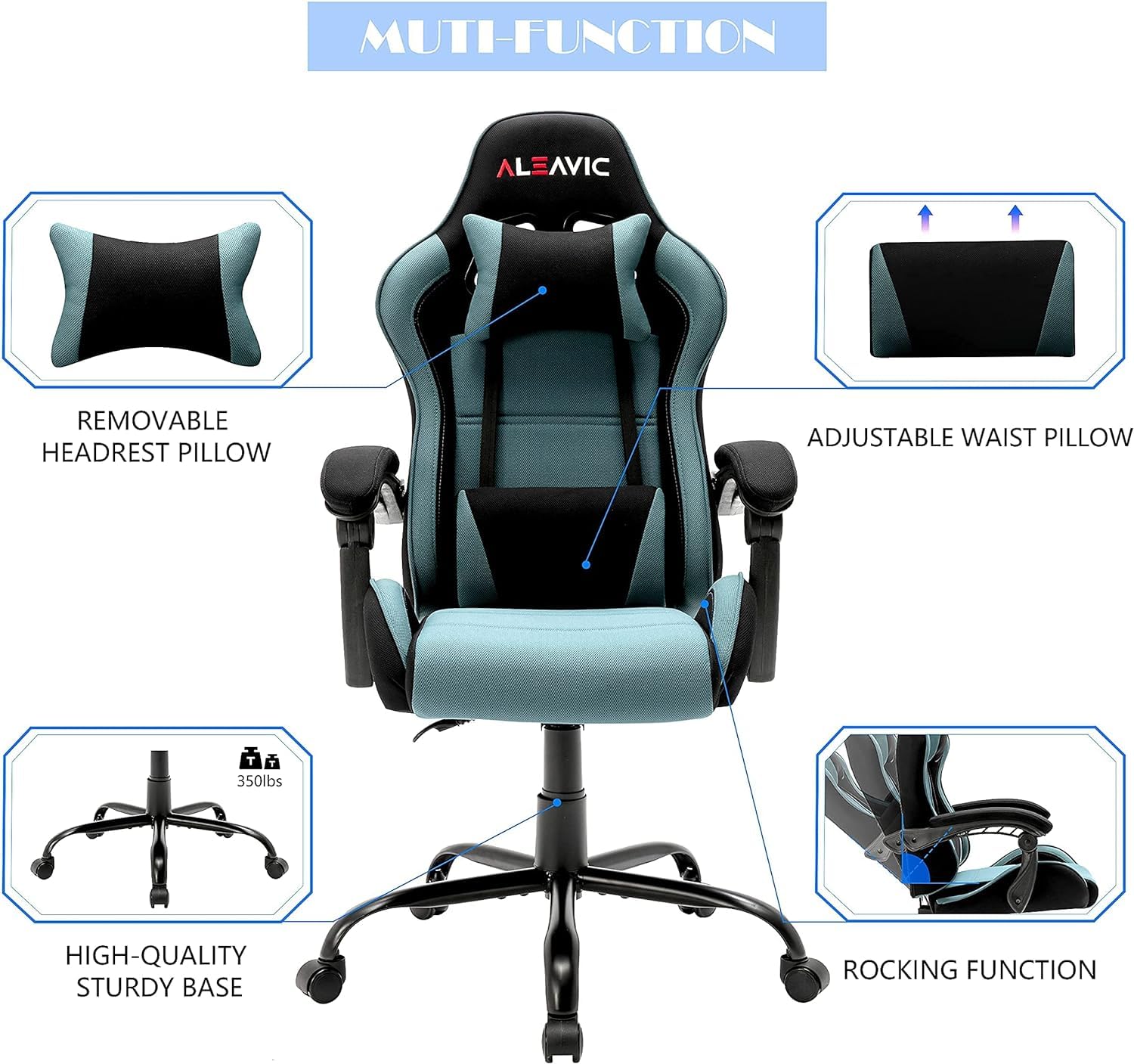 ALEAVIC Ergonomic Gaming Chair with Massager - Adjustable Headrest & Lumbar Support - High Back Reclining Computer Game Chair for Adults - Black & Blue Fabric - Perfect for Esports, Streaming & Office Work