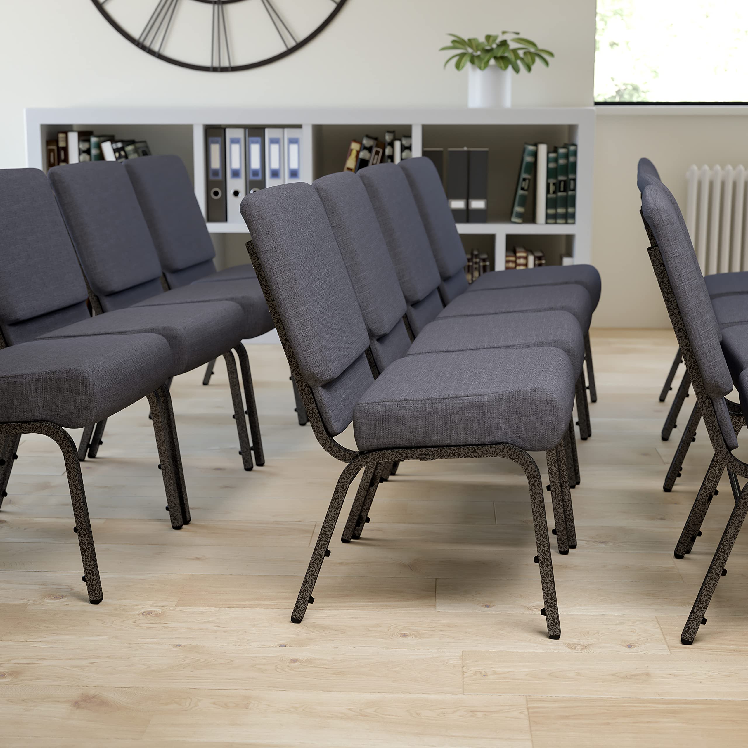 EMMA + OLIVER 21 Inch Wide Church Chair with Dark Gray Fabric & Silver Vein Frame - Stackable Padded Seating for Churches, Events, Weddings and Banquets