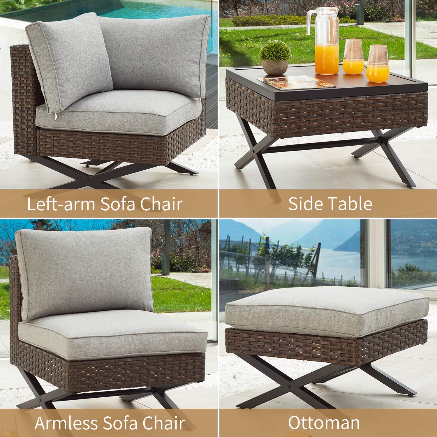 PatioFestival Modern Outdoor Furniture Set - 6-Piece X-Shape Leg Conversation Set with All-Weather Frame for Patio, Garden & Backyard Relaxation