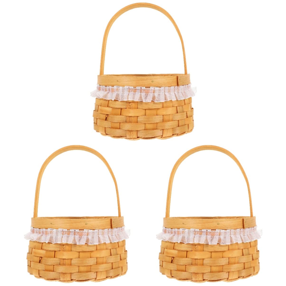 GANAZONO 3-Piece Woven Wood Chip Basket Set - Natural Rattan Flower Basket with Handles, Small Wicker Storage Bin for Home Decor, Bathroom Organization, or Gift Wrapping