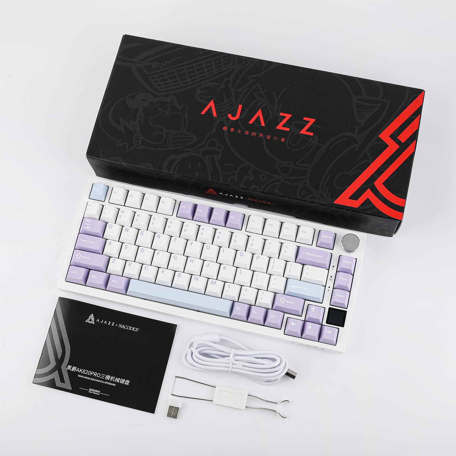 EPOMAKER Ajazz AK820 Pro 75% Gasket-Mounted Wireless Mechanical Keyboard with TFT Screen - Bluetooth 5.1/2.4G/USB-C, RGB Backlit, Sound Dampening Foam (White Purple, Flying Fish Switch) - Perfect for Gaming, Office Work & Typing Enthusiasts