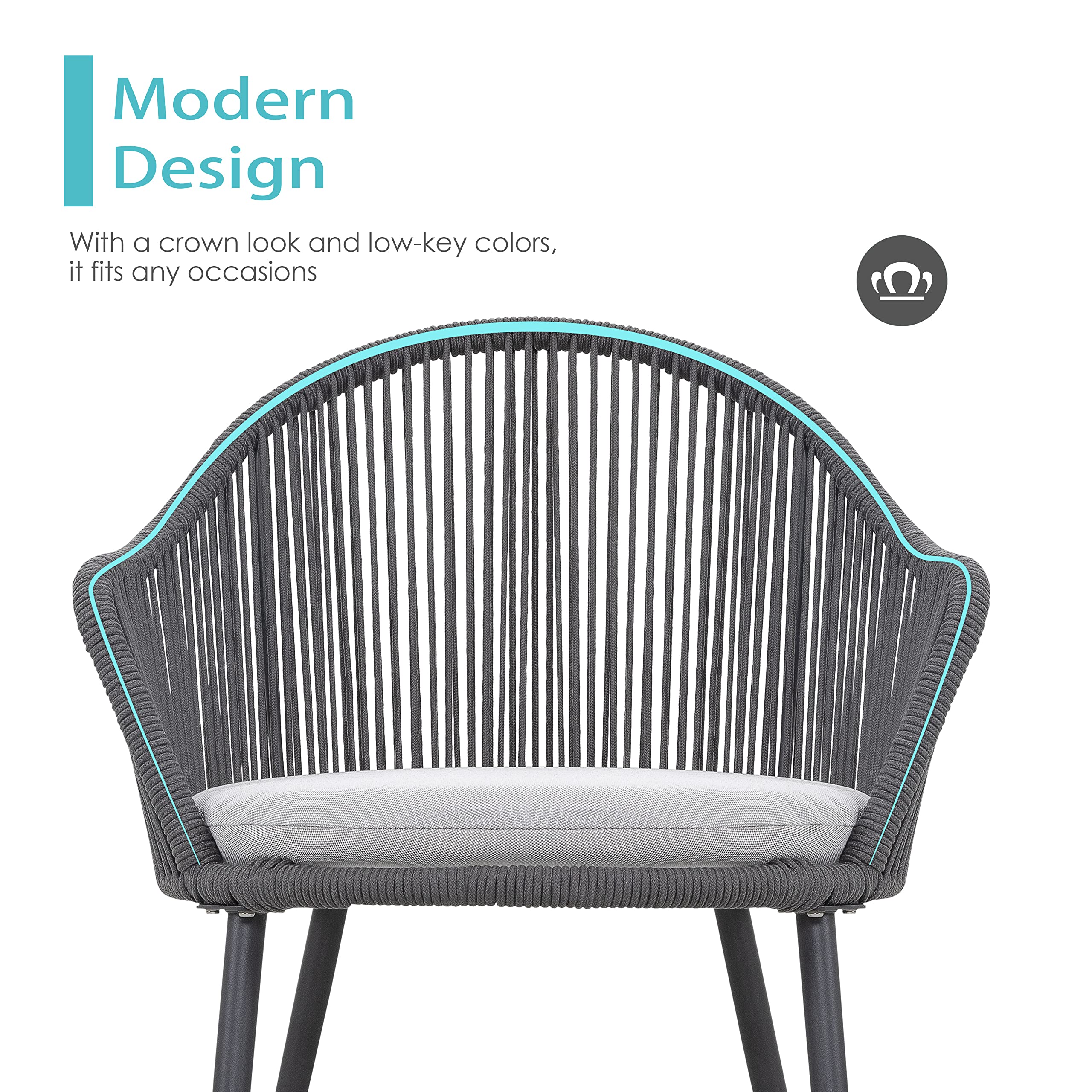 NUU GARDEN 3-Piece Outdoor Bistro Set - All-Weather Woven Rope Patio Furniture with Cushions, Dark Grey - Perfect for Garden, Deck, Backyard, Balcony & Porch Conversations | Ideal for Outdoor Dining, Relaxation & Entertaining Guests