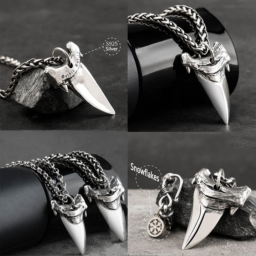 Men's Shark Tooth Pendant Necklace - 925 Sterling Silver Gothic Jewelry with Extended Keel Chain | Cool Retro Style Accessory for Men | Perfect for Halloween, Punk Fashion & Everyday Wear