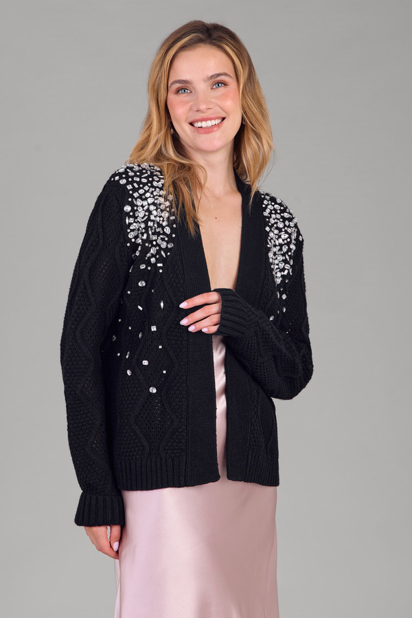 Elegant Jewel Embellished Cardigan for Women - Stylish Knit Sweater with Rhinestone Details | Perfect for Office, Date Night & Special Occasions