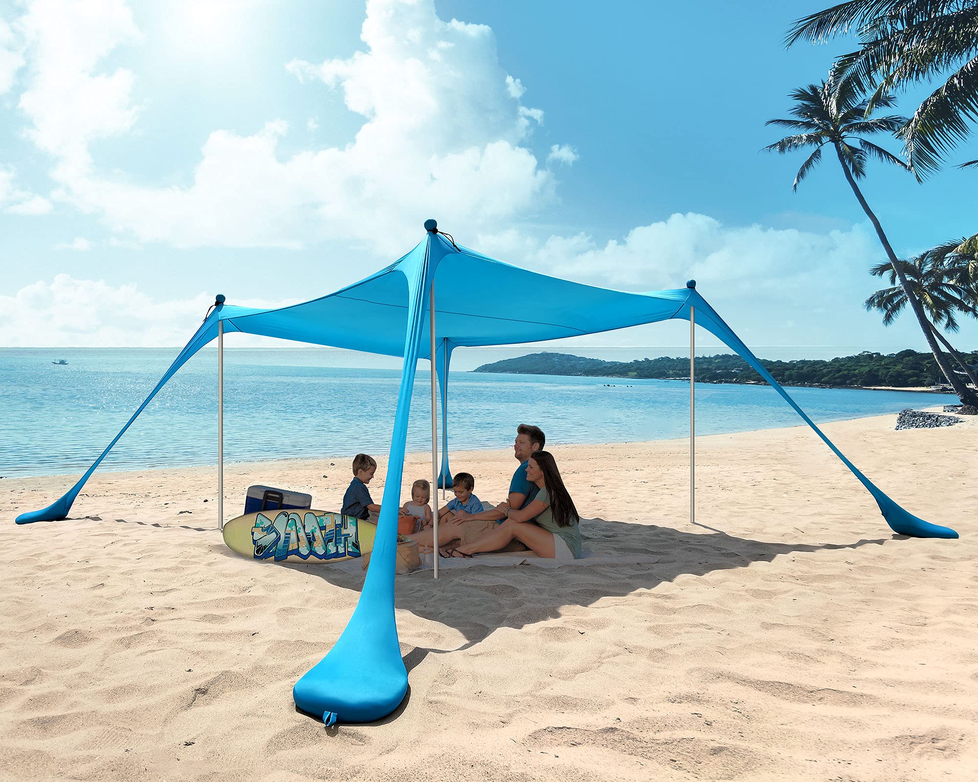 PETNOZ 10x10 FT UPF50+ Beach Tent Canopy - Pop Up Sun Shelter with Stability Poles, Carry Bag, Ground Pegs & Sand Shovel - Portable Sun Shade for Beach Camping, Picnics, Backyard & Outdoor Activities (Royal Blue, 4 Pole Anti-Wind Design)