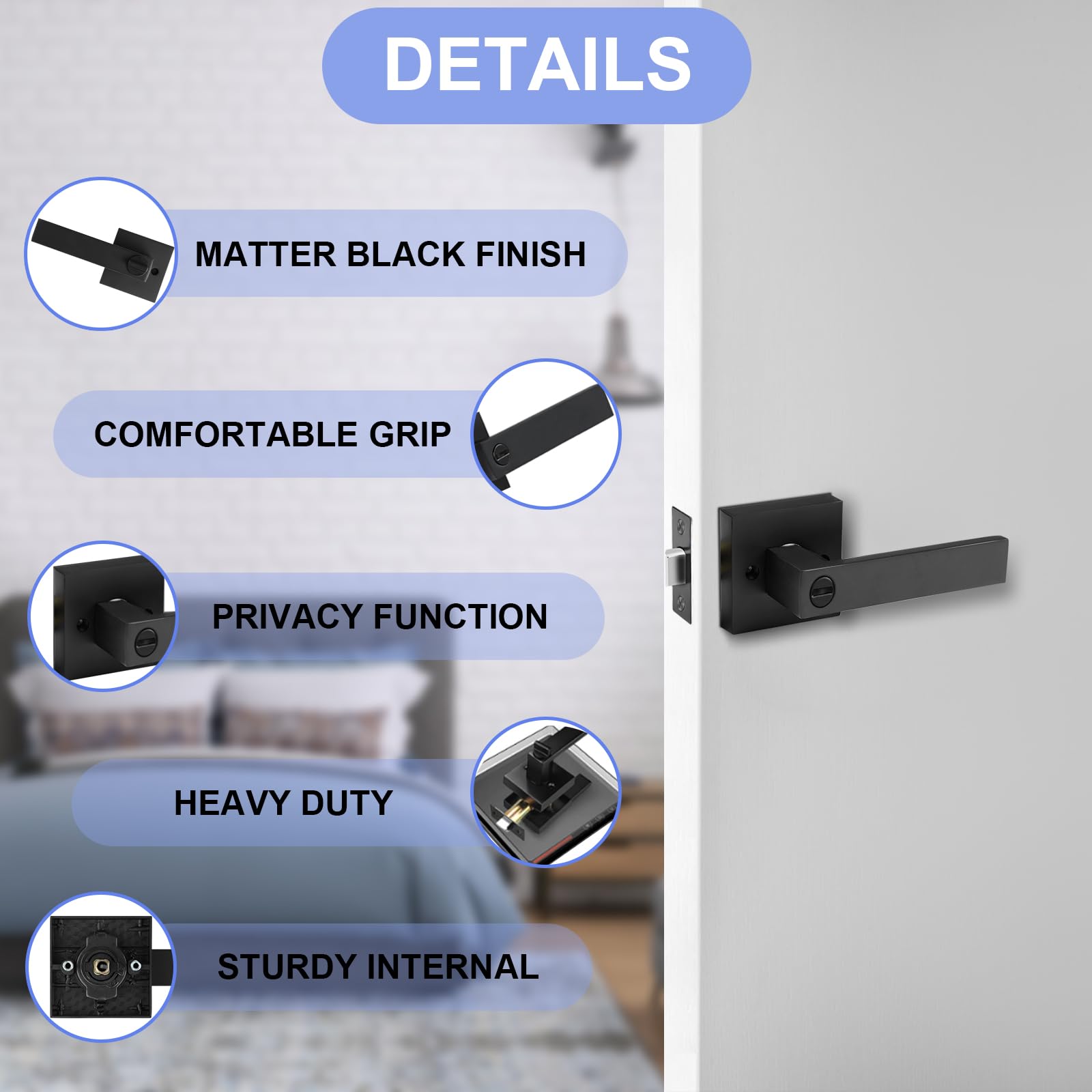8 Pack Matte Black Privacy Door Levers - Heavy Duty Bed & Bath Door Handles with Keyless Interior Locksets, Reversible for Left/Right Handed Doors - Perfect for Bedrooms, Bathrooms & Home Privacy Security