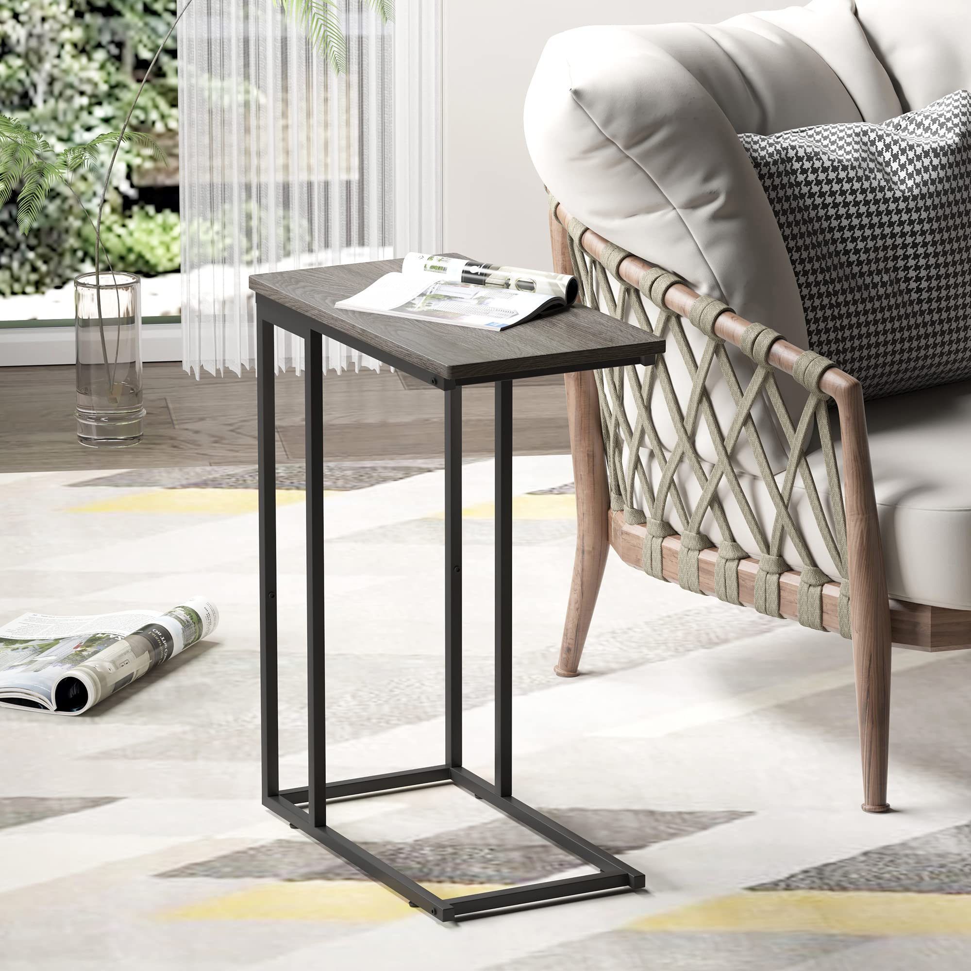 Slim Narrow C-Shaped End Table for Sofa & Bed - Slide Under Furniture, Small Space-Saving Side Table for Living Room, Bedroom, Office - Easy Assembly Grey - Perfect for Coffee, Laptop, Snacks & Reading