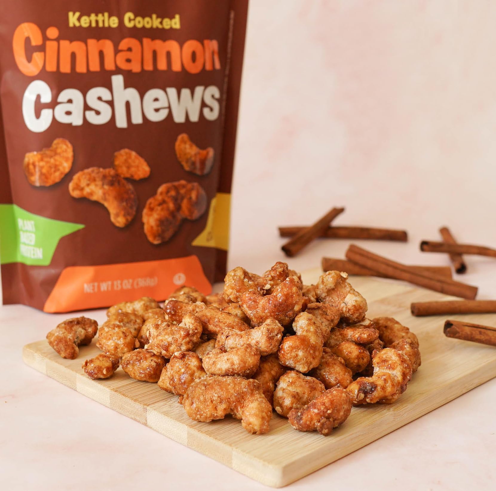 Premium Platinum Kettle Cooked Cinnamon Cashews - Vegan Protein Snack with Fiber | Sweet & Spicy Flavored Healthy Nuts | 13oz Resealable Pouch for Home, Office, Gym & School | Perfect for Energy Boosting & On-the-Go Snacking