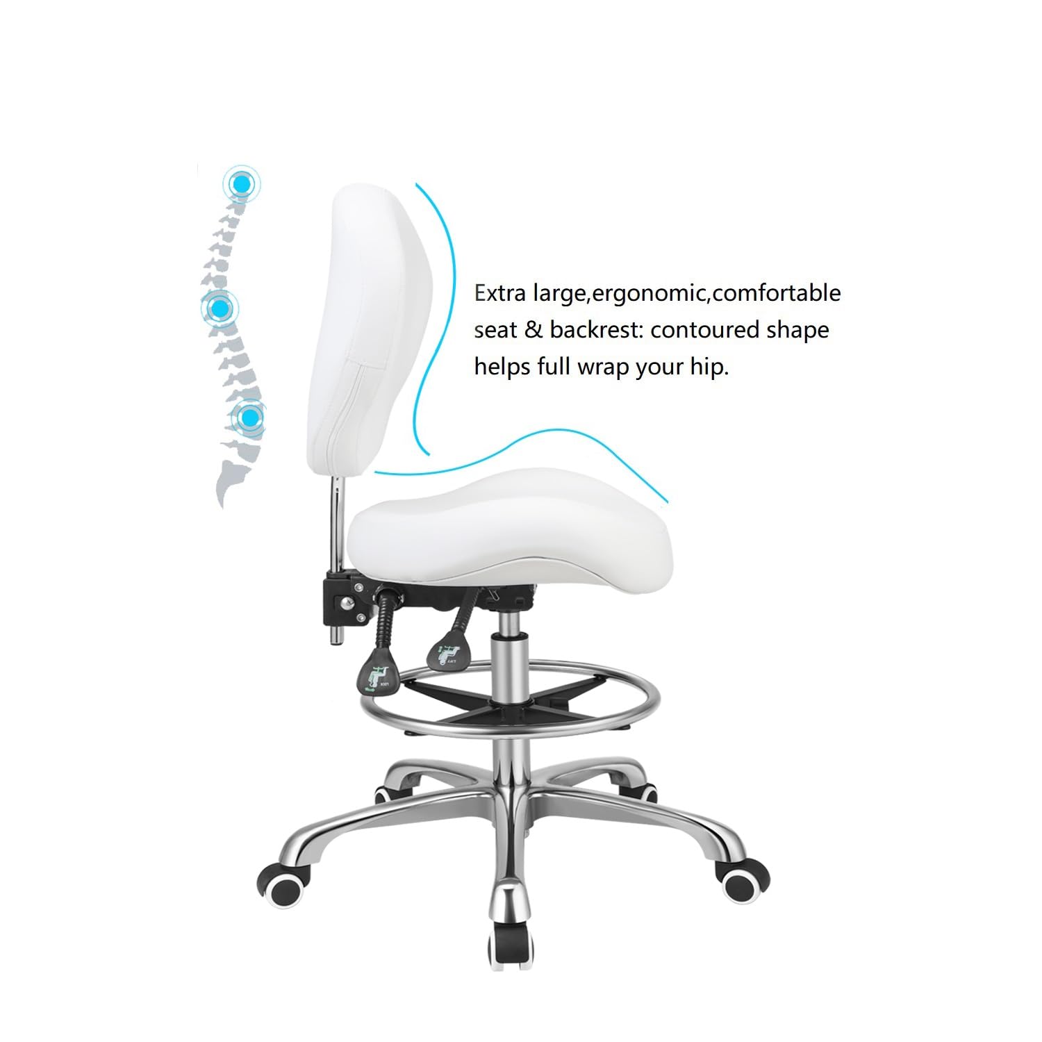 Adjustable Height Drafting Stool with Backrest & Footrest - Swivel Rolling Office Chair for Work, Studio, Dental, Salon & Kitchen - Ergonomic Home Desk Chair (White) - Perfect for Artists, Designers & Professionals