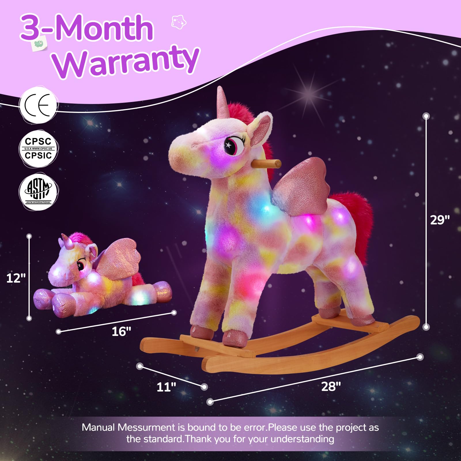 Glow Guards Light Up Musical Unicorn Rocking Horse Set - 2 Pack with Stuffed Rainbow Unicorn Toy & Wooden Chair | Ride-On Toy for Toddlers Ages 3-6 | Perfect Gift for Birthday, Christmas & Indoor Playtime