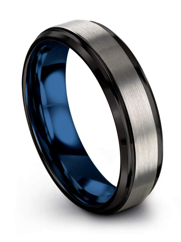 Tungsten Carbide Wedding Band Ring 6mm for Men & Women - Blue, Black, Grey Step Bevel Edge - Brushed & Polished Finish - Personalized Custom Engraving - Perfect for Anniversary, Engagement & Everyday Wear