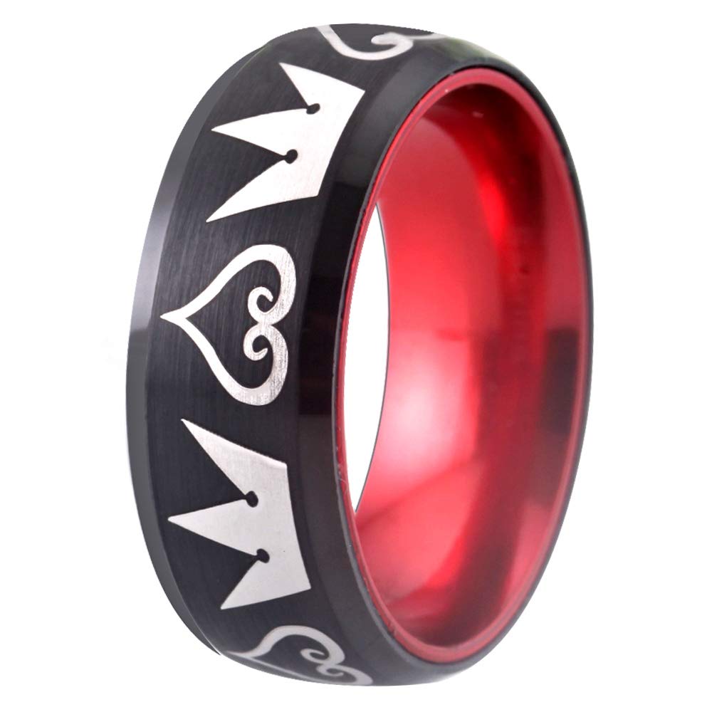 Kingdom Hearts & Crowns Design Cosplay Ring - 8mm Matte Red & Black Tungsten Wedding Band with Beveled Edges - Free Custom Engraving - Perfect for Cosplay, Costume Parties, and Gift Giving
