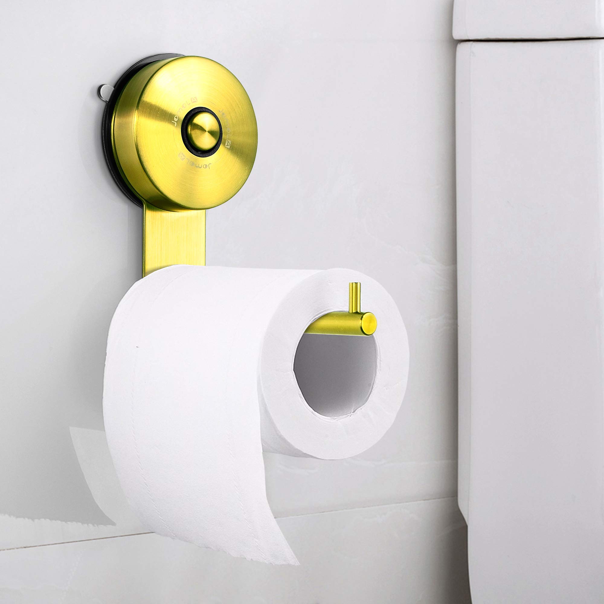 JOMOLA No-Drill Vacuum Suction Cup Toilet Paper Holder - Stainless Steel Bathroom Tissue Roll Hanger in Gold | Space-Saving Solution for Small Bathrooms & RVs