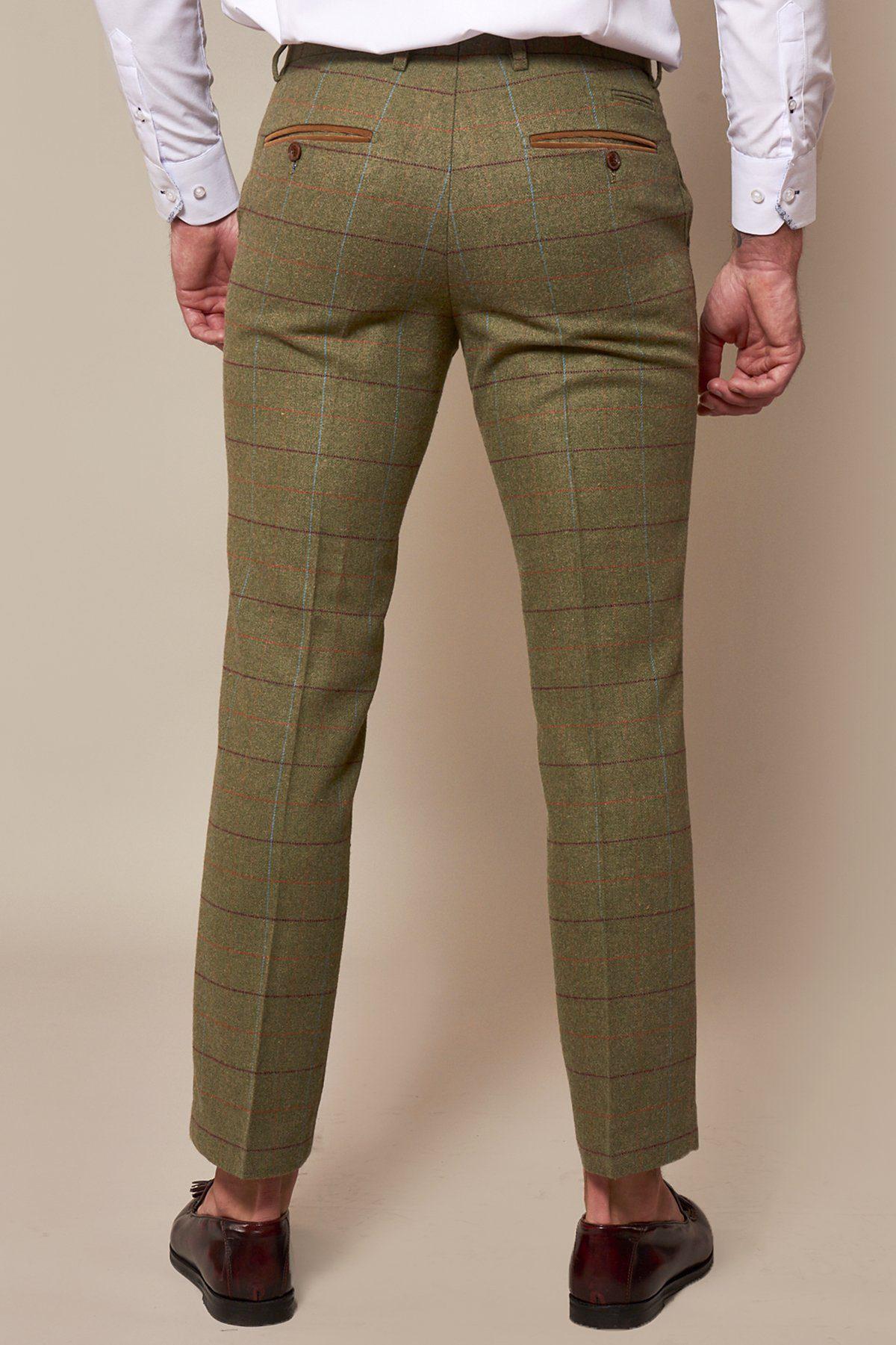 ELLIS Women's Moss Green Check Tweed Trousers - Classic High Waist Slim Fit Pants for Office Work & Autumn Winter Fashion