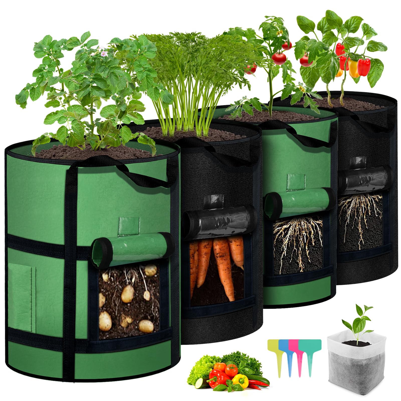 4-Pack 10 Gallon Plant Grow Bags with Viewing Window & Handles - Thickened Fabric Pots for Potatoes, Tomatoes & Vegetables - Durable Large Garden Planting Bags for Outdoor & Indoor Gardening - Perfect for Patio, Balcony & Backyard Vegetable Growing