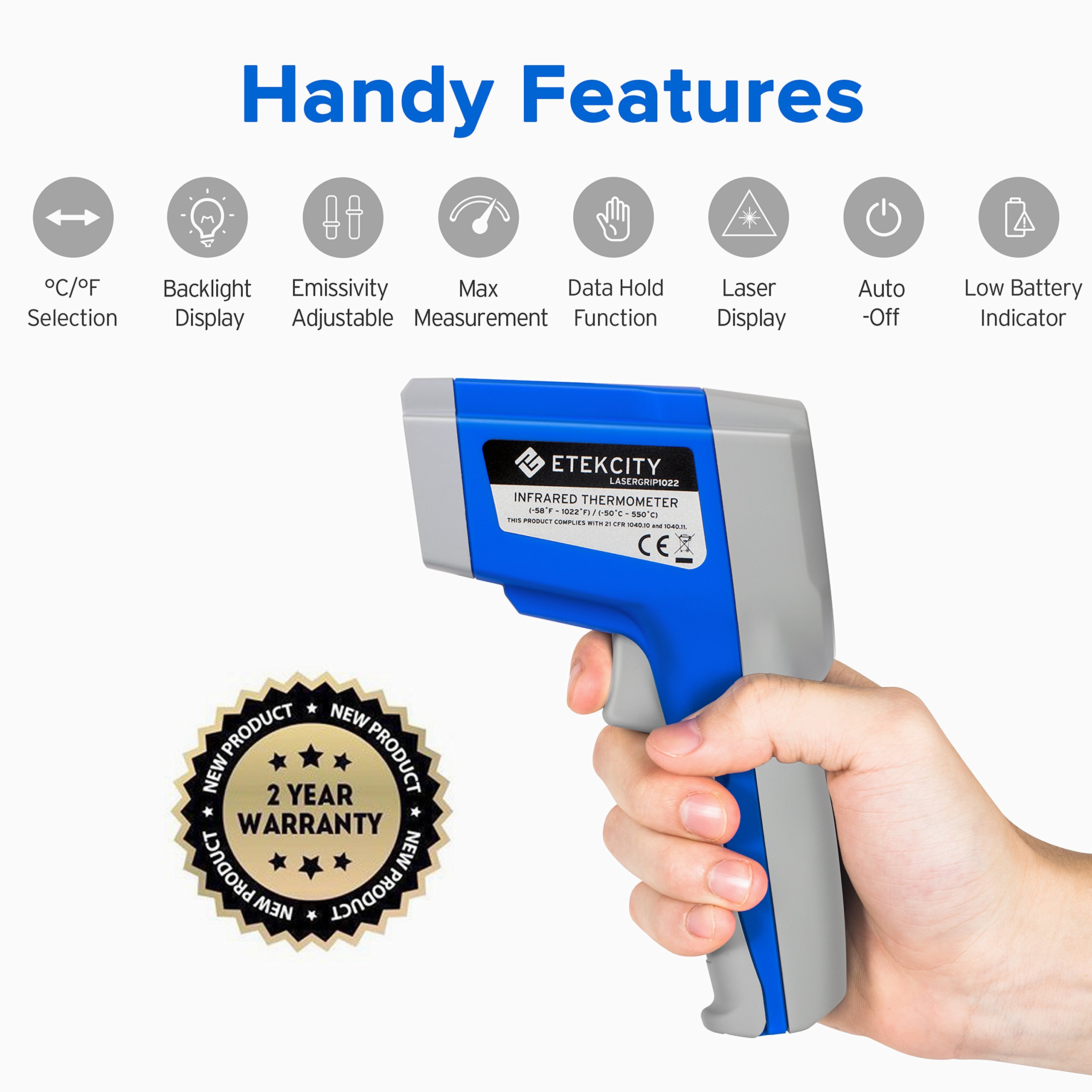 Etekcity Infrared Thermometer Gun -58°F to 1022°F (-50°C to 550°C) with Adjustable Emissivity, Non-Contact Digital Laser Temperature Gun for Cooking, HVAC, Automotive, Industrial Use - Perfect for Grilling, Meat, Refrigerator, Pool and Oven Temperature Monitoring (Blue)