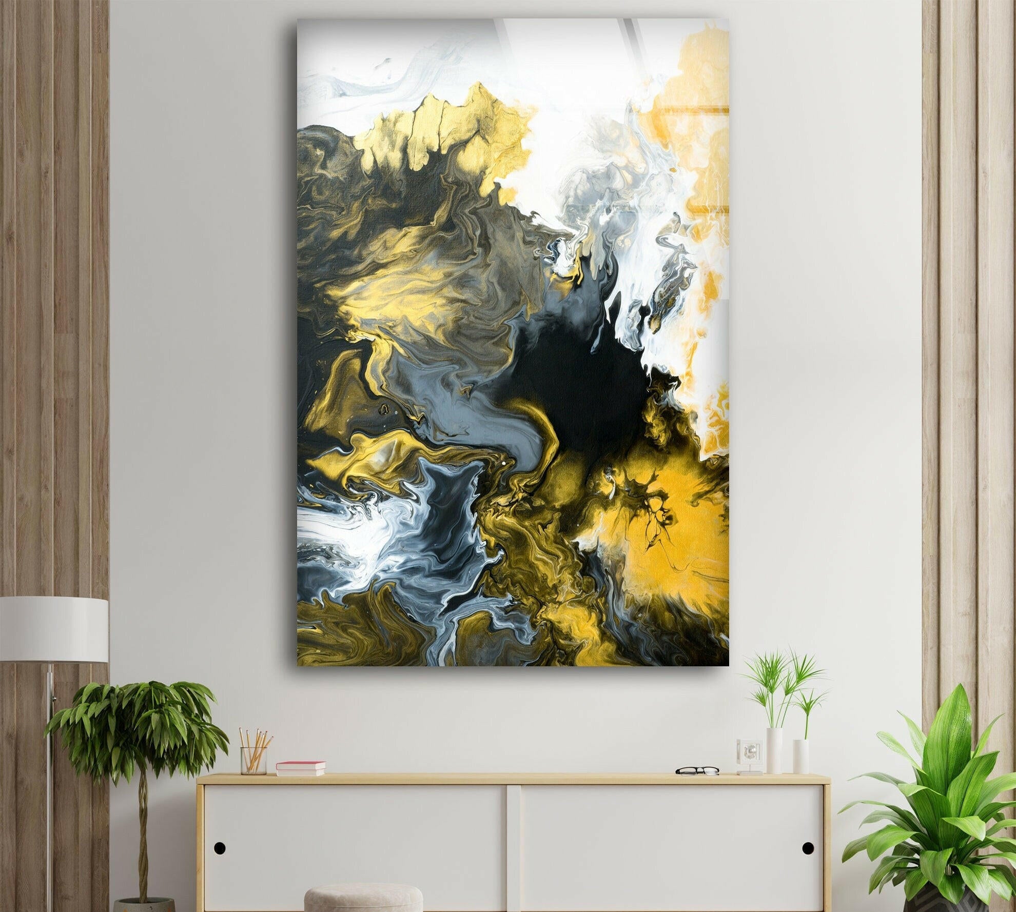 Abstract Glass Wall Art in Black, White & Gold - Modern Home Decor for Living Room, Bedroom & Office