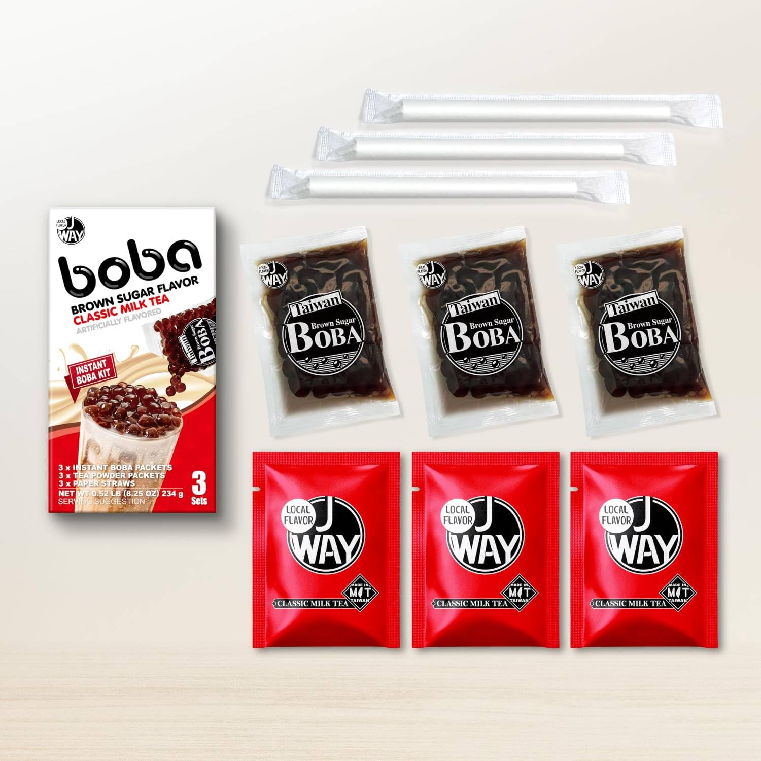 J WAY Instant Boba Bubble Pearl Milk Tea Kit - Authentic Brown Sugar Tapioca Boba, Ready in 1 Minute with Paper Straws (3 Servings) - Perfect for Home, Office & Party Snacks