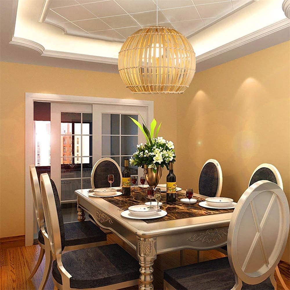 Round Bamboo Lantern Pendant Light - Natural Handwoven Wicker Lampshade for Rustic Ceiling Chandelier | Eco-Friendly Dining Room Lighting, Bedroom Decor, Patio & Outdoor Hanging Lights