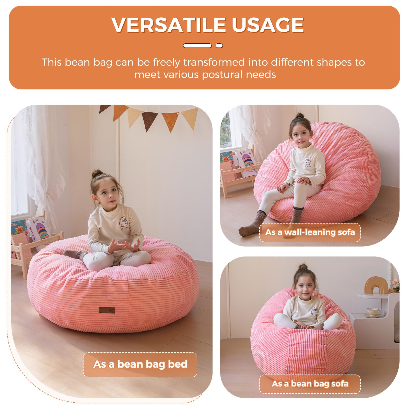 MAXYOYO 3-in-1 Kids Convertible Bean Bag Chair & Bed - Corduroy Round Floor Sofa for Children | Pink Gaming & Reading Chair | Perfect for Playrooms, Bedrooms & Dorm Rooms
