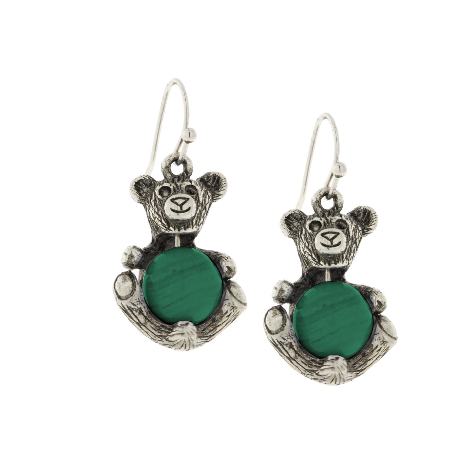 1928 Jewelry Pewter Round Gemstone Quartz Teddy Bear Wire Earrings for Women - Vintage Style Dangle Earrings for Casual Wear, Gift Giving & Special Occasions
