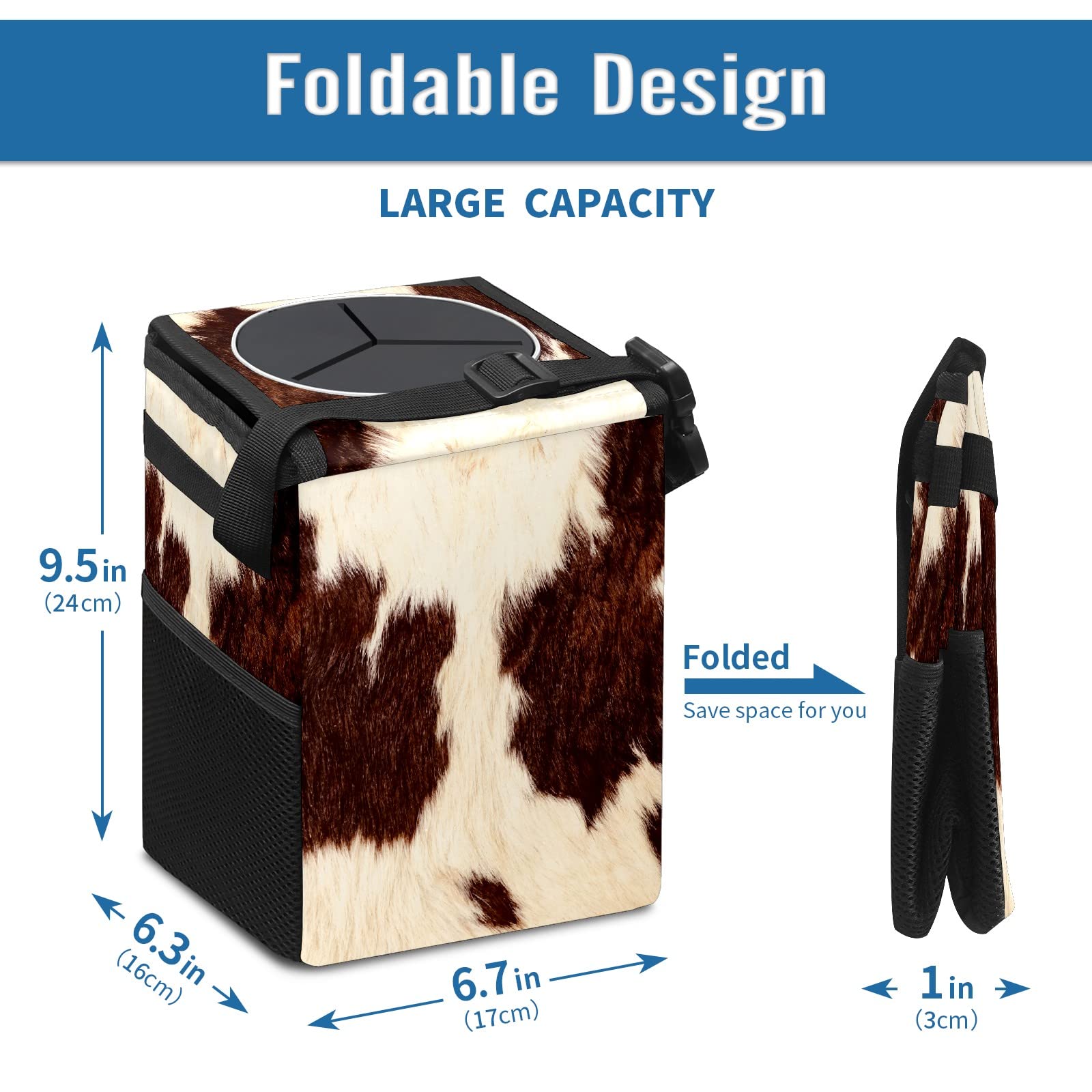 Western Cowhide Car Trash Can with Lid - Collapsible Reusable Waterproof Auto Garbage Bin for Car, Truck & SUV | Car Accessories Interior Organizer for Road Trips, Commuting & Camping