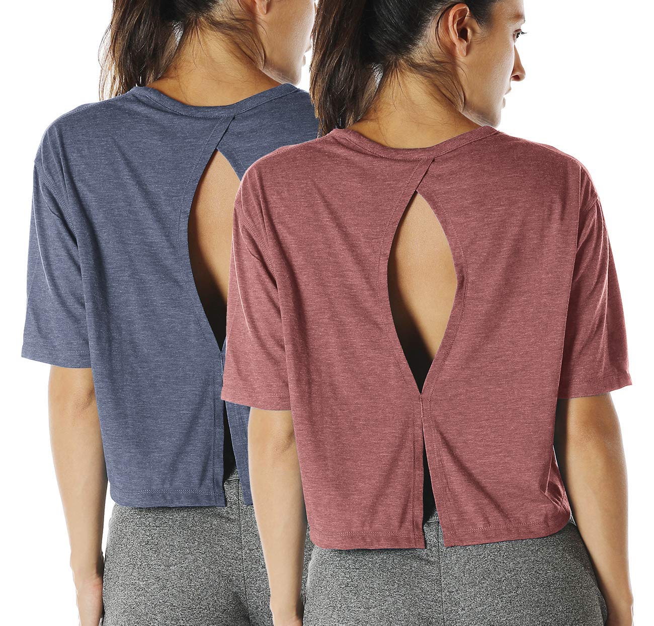Icyzone Women's Open Back Workout Top - Breathable Yoga T-Shirt & Activewear Crop Top for Gym, Running, Pilates (2-Pack) - Perfect for Fitness, Yoga & Summer Outdoor Activities