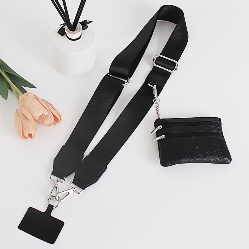 Premium Adjustable Crossbody Phone Strap with Zippered Wallet Pouch - Compatible with iPhone & Smartphones - Hands-Free Convenience for Shopping, Travel & Outdoor Activities (Black)