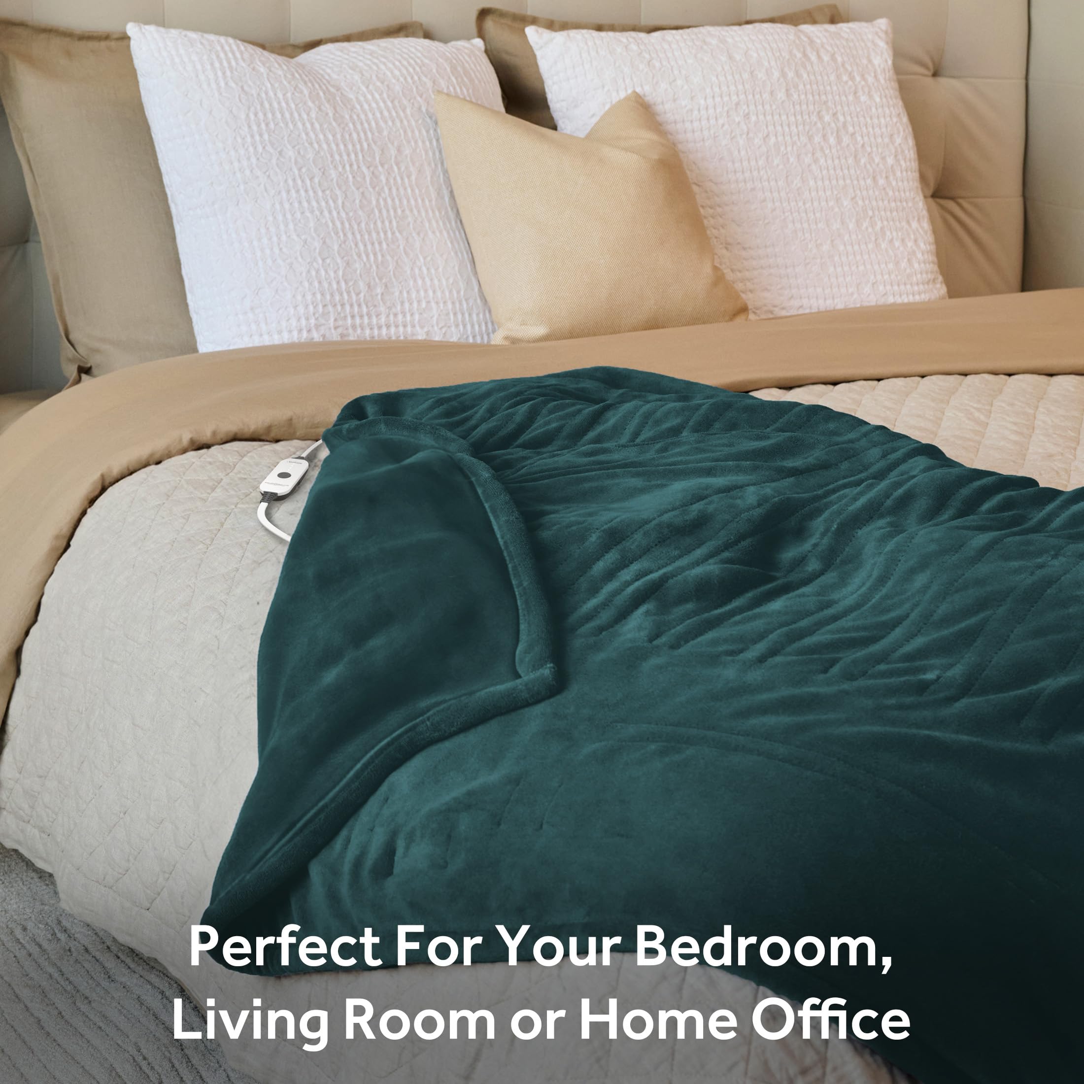 Sunbeam Royal Luxe Botanical Green Heated Throw Blanket - Ultra Soft & Cozy Electric Warming Blanket with 3 Adjustable Heat Settings - Perfect for Home, Office & Travel Use