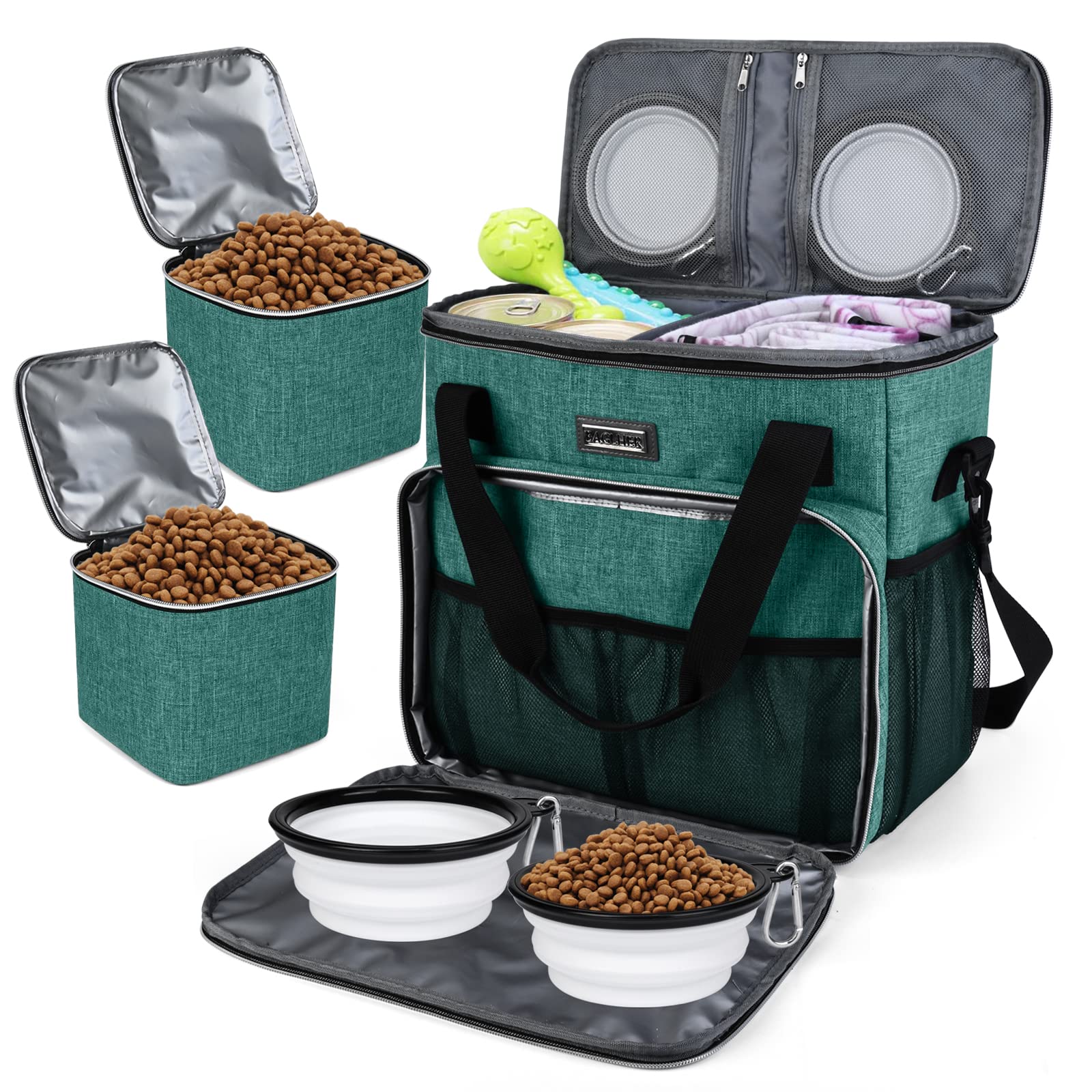 BAGLHER Dog Travel Bag - Waterproof Pet Carrier with 2 Food Containers & 2 Collapsible Bowls - Complete Pet Travel Accessories Kit for Dogs & Cats - Perfect for Road Trips, Camping & Airplane Travel (Green)
