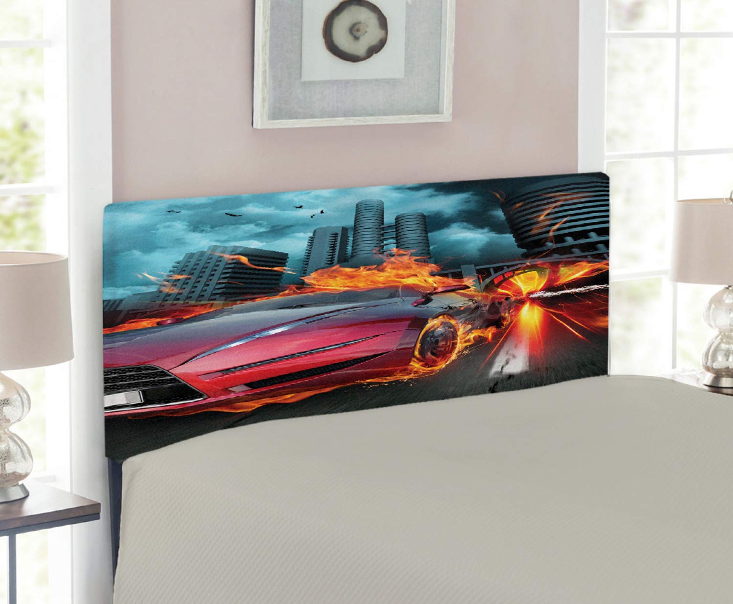 Ambesonne Cars Headboard - Hot Red Concept Car with Blazing Tires & Speeding Birds Design, Upholstered Metal Bed Headboard with Memory Foam, Twin Size in Red Orange Blue - Perfect for Kids' Bedrooms, Racing Themed Decor & Auto Enthusiasts