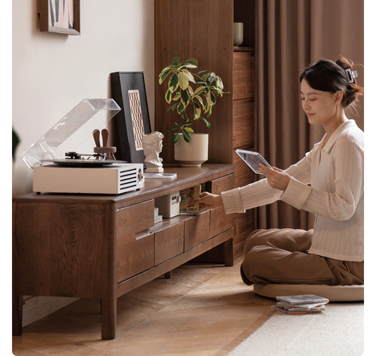 Solid Oak Wood Nordic TV Stand with Storage - Modern Living Room Entertainment Center for TV, Gaming & Media Storage