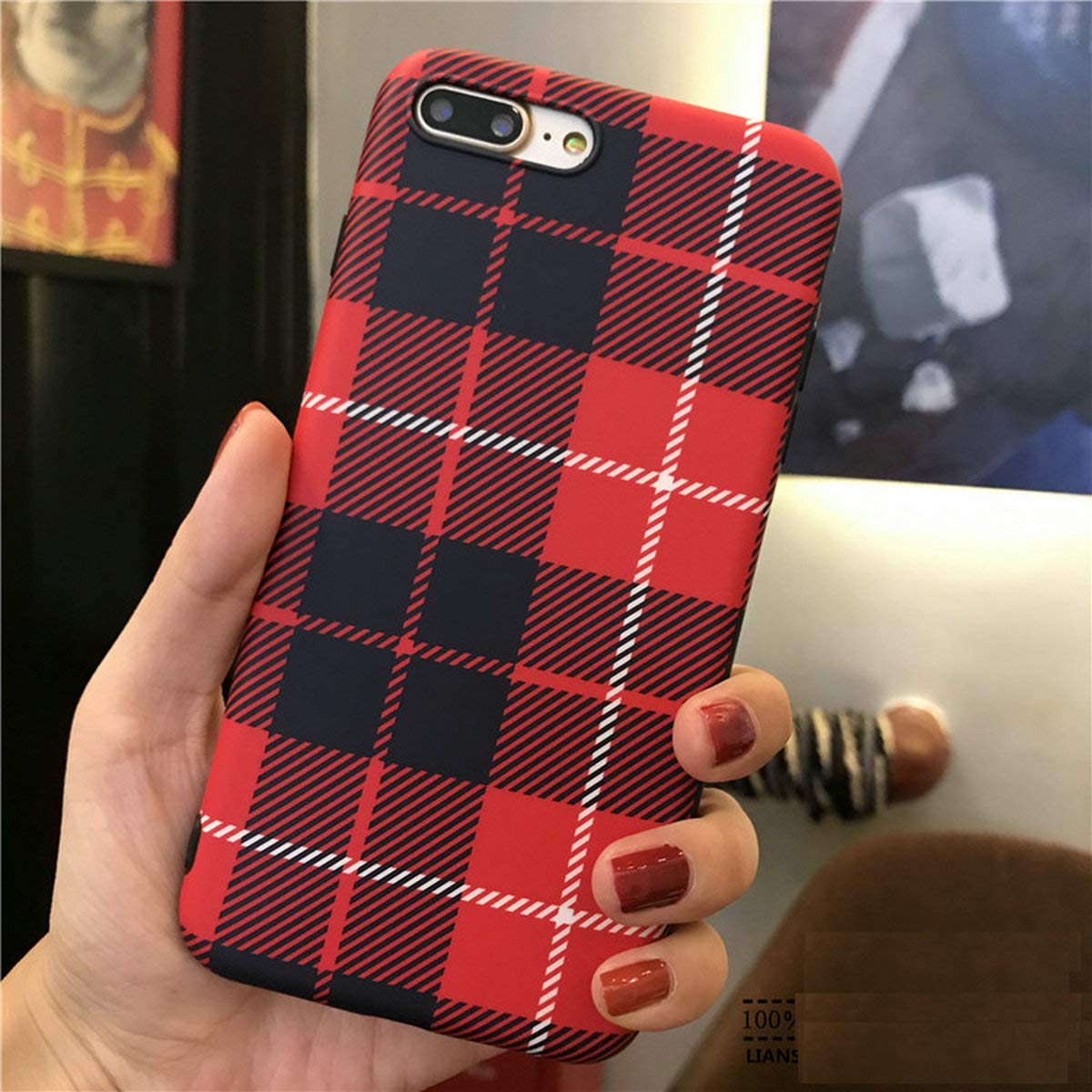 Easeu Red Plaid Soft TPU Super Slim Fit Silicone Case for iPhone 7 Plus & iPhone 8 Plus (5.5 Inch) - Anti-Scratch, Flexible Snap Cover - Perfect for Women's Daily Use, Office & Travel Protection