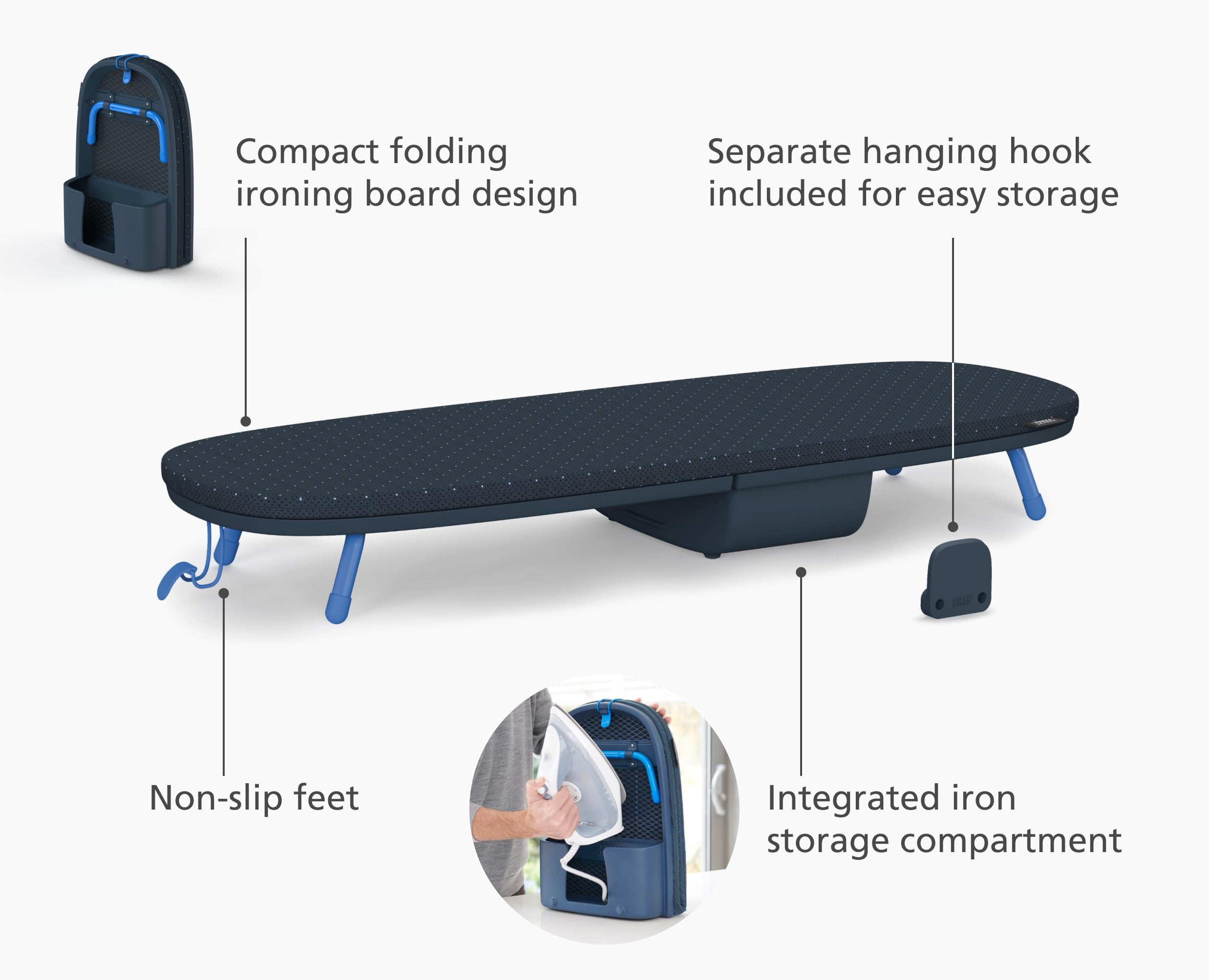 Joseph Joseph Compact Folding Tabletop Ironing Board with Iron Holder - Space Saving Ironing Board for Small Spaces, Travel & Apartments - Black/Blue