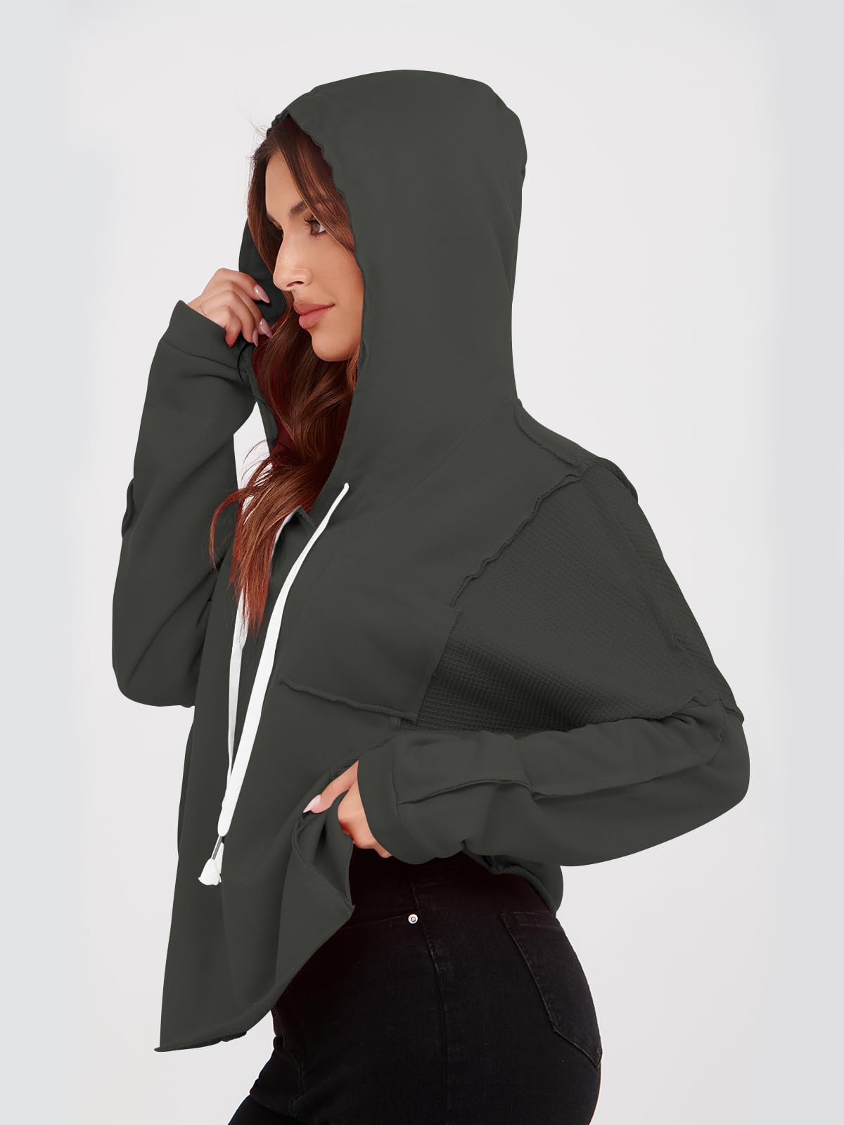 Poetsky Women's Casual V-Neck Waffle Knit Patchwork Hoodie - Loose Fit Long Sleeve Oversized Pullover Sweatshirt with Pocket | Cozy Fall & Winter Layering, Streetwear Fashion, Lounge Wear